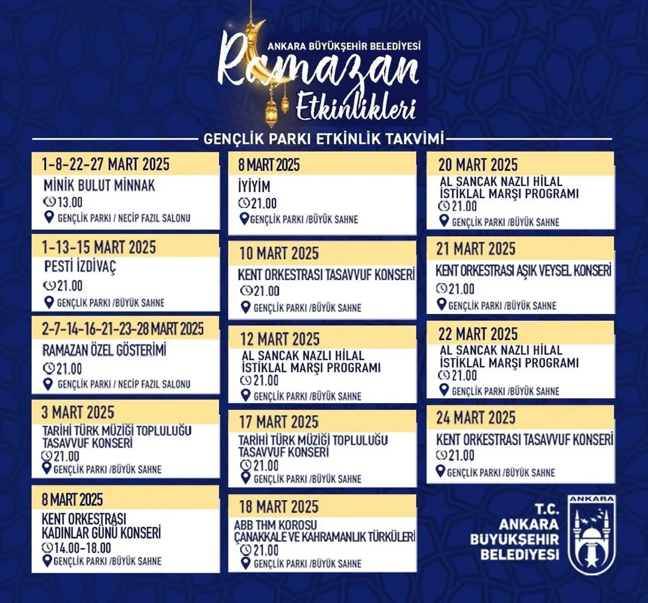 Ankara Ramazan etkinlikleri 2025! Ankara Büyükşehir Belediyesi 1-29 Mart arası Ramazan etkinlik programı açıkladı