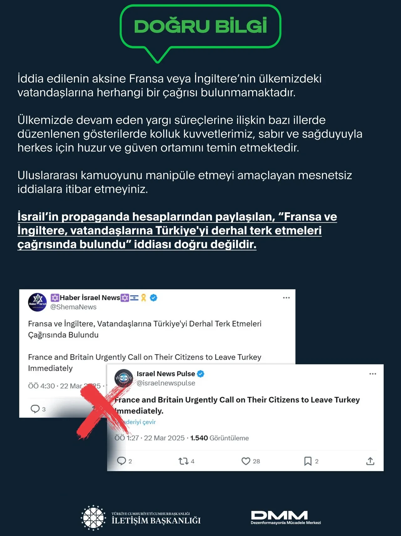 "Fransa ve İngiltere'den vatandaşlarına Türkiye'yi terk edin uyarısı" haberine yalanlama