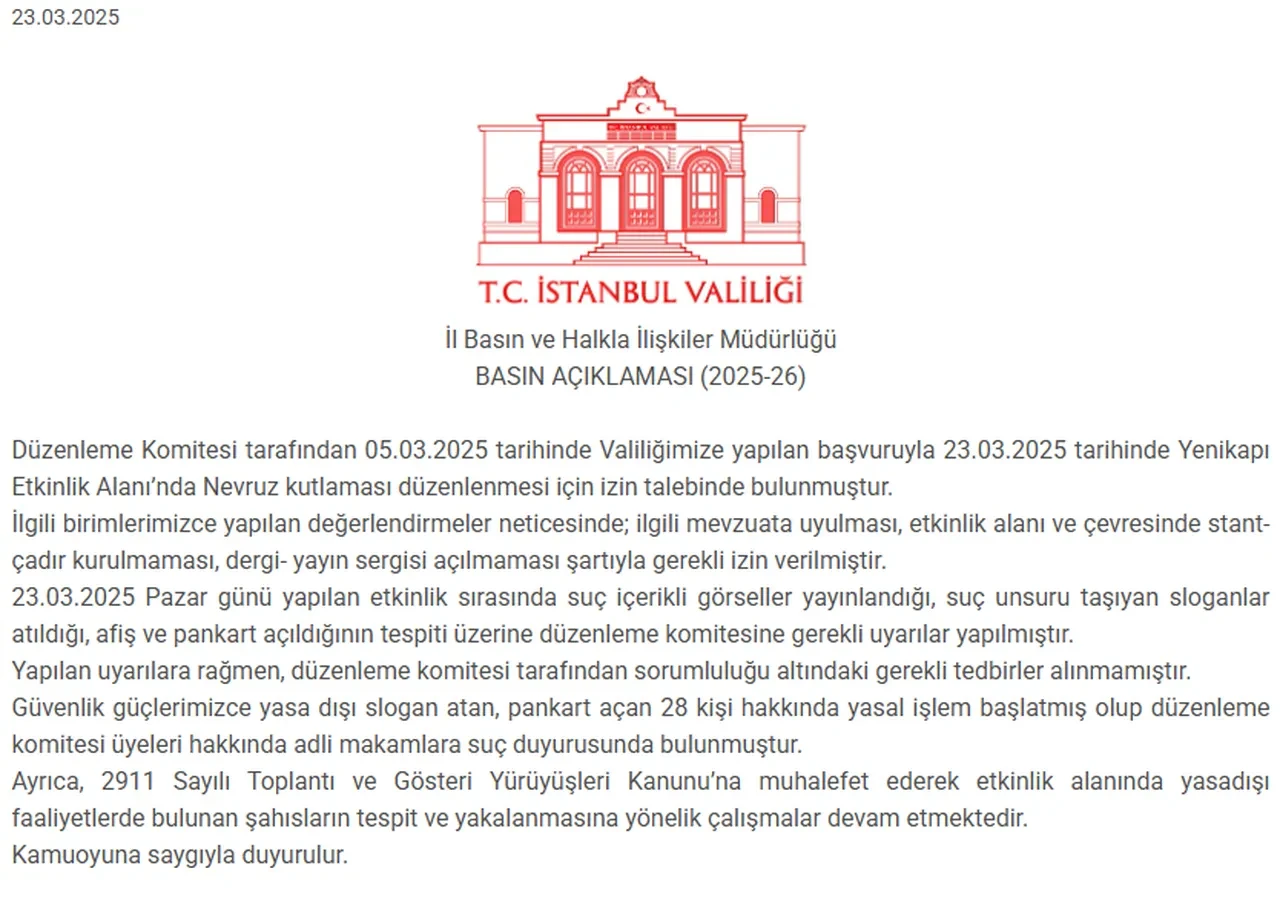 İstanbul Valiliği duyurdu! Nevruz kutlamasında 28 kişi hakkında yasal işlem