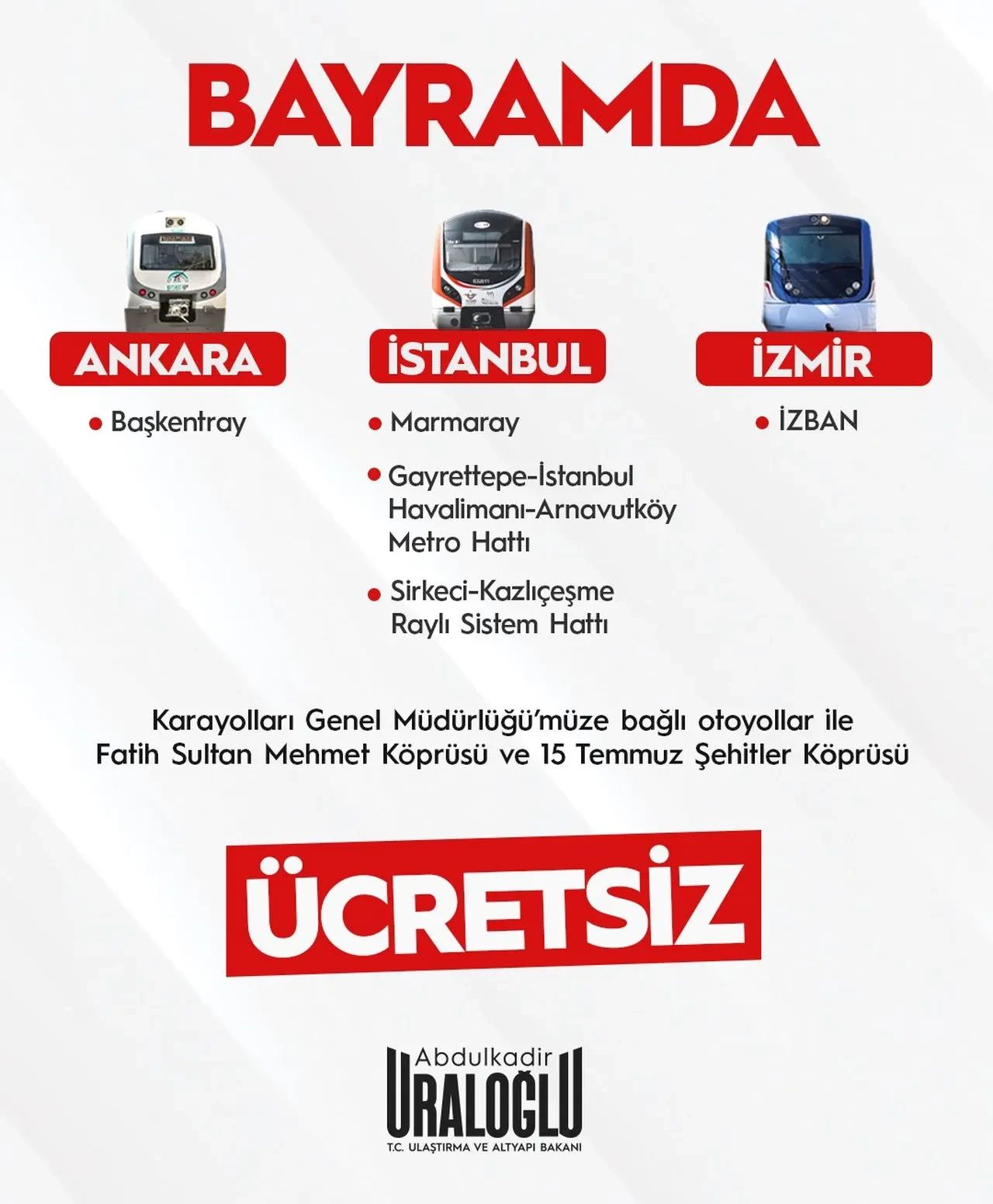 Bayram yolculukları ücretsiz: Marmaray, Başkentray, İZBAN ve metrolarda düzenleme