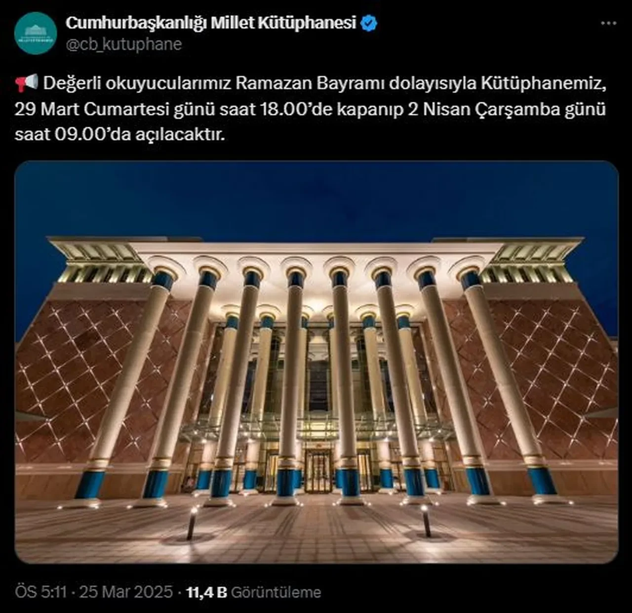 Millet Kütüphenesi'nin bayramda açık olup olmadığı belli oldu