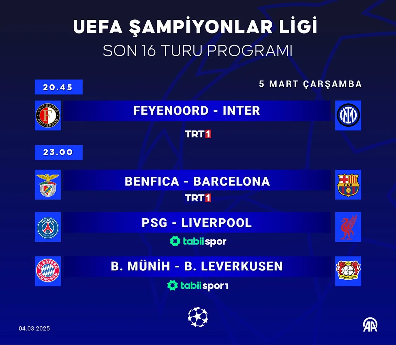Bugünün Şampiyonlar Ligi maçları 5 Mart! Son 16 turu heyecanı devam ediyor