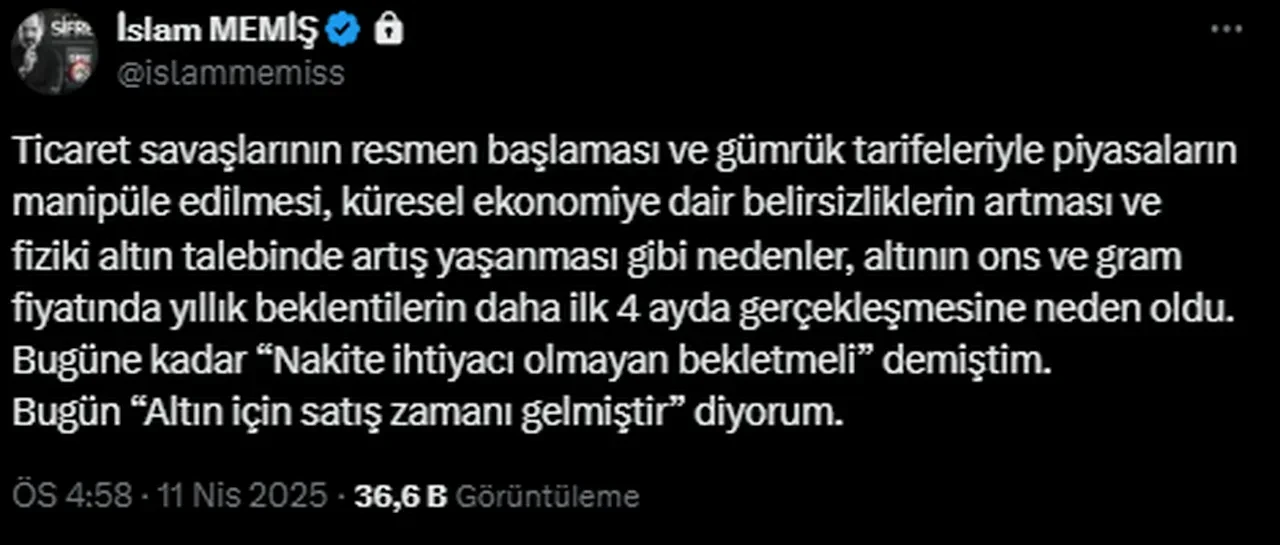 Altın için şaşırtan u dönüşü: Kuyumcunun yolunu tutun! İslam Memiş yeni sinyali verdi