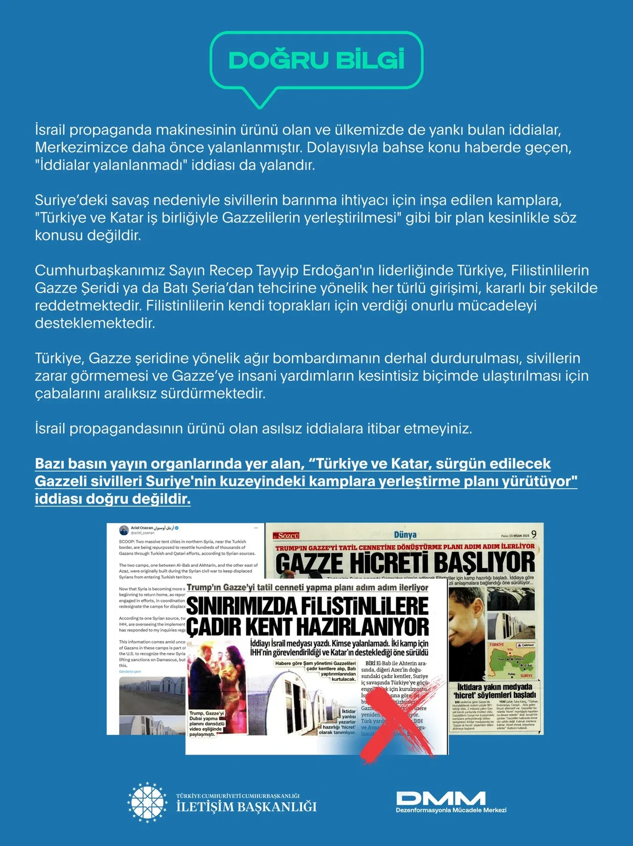 DMM’den 'Türkiye ve Katar, bazı Gazzeli sivilleri Suriye’deki kampa yerleştirecek' iddiasına yalanlama