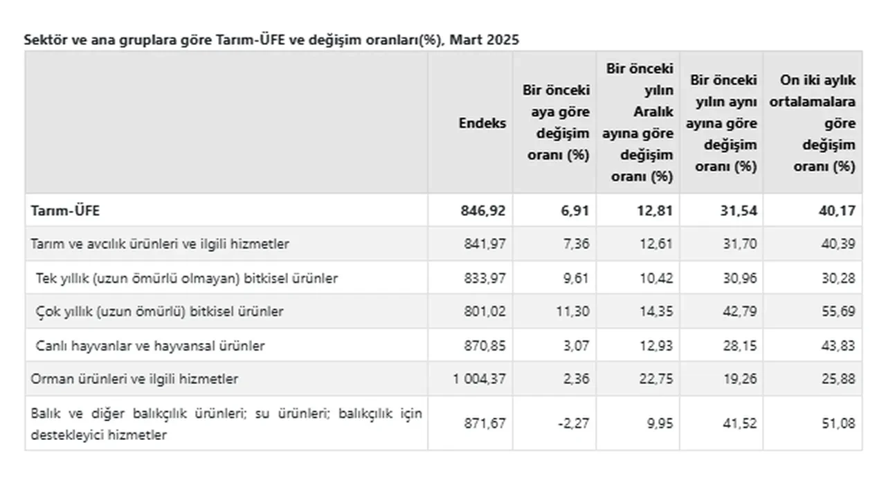 Tarım ÜFE aylık ve yıllık yükseldi