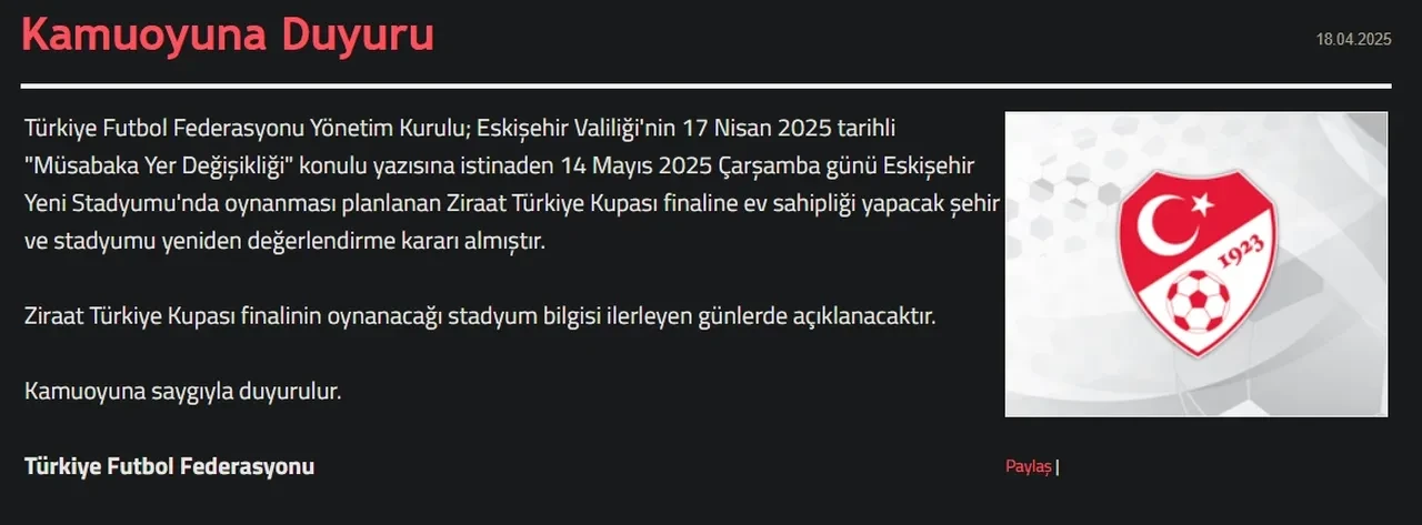 ZTK finali nerede oynanacak? TFF’den stat değişikliği kararı