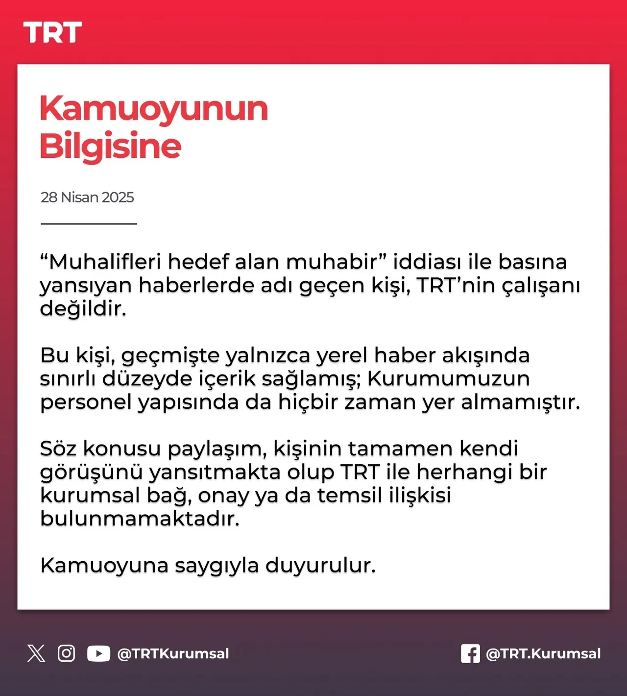 ‘Muhalifleri hedef alan muhabir’ iddialarına cevap: 'TRT’nin çalışanı değildir'