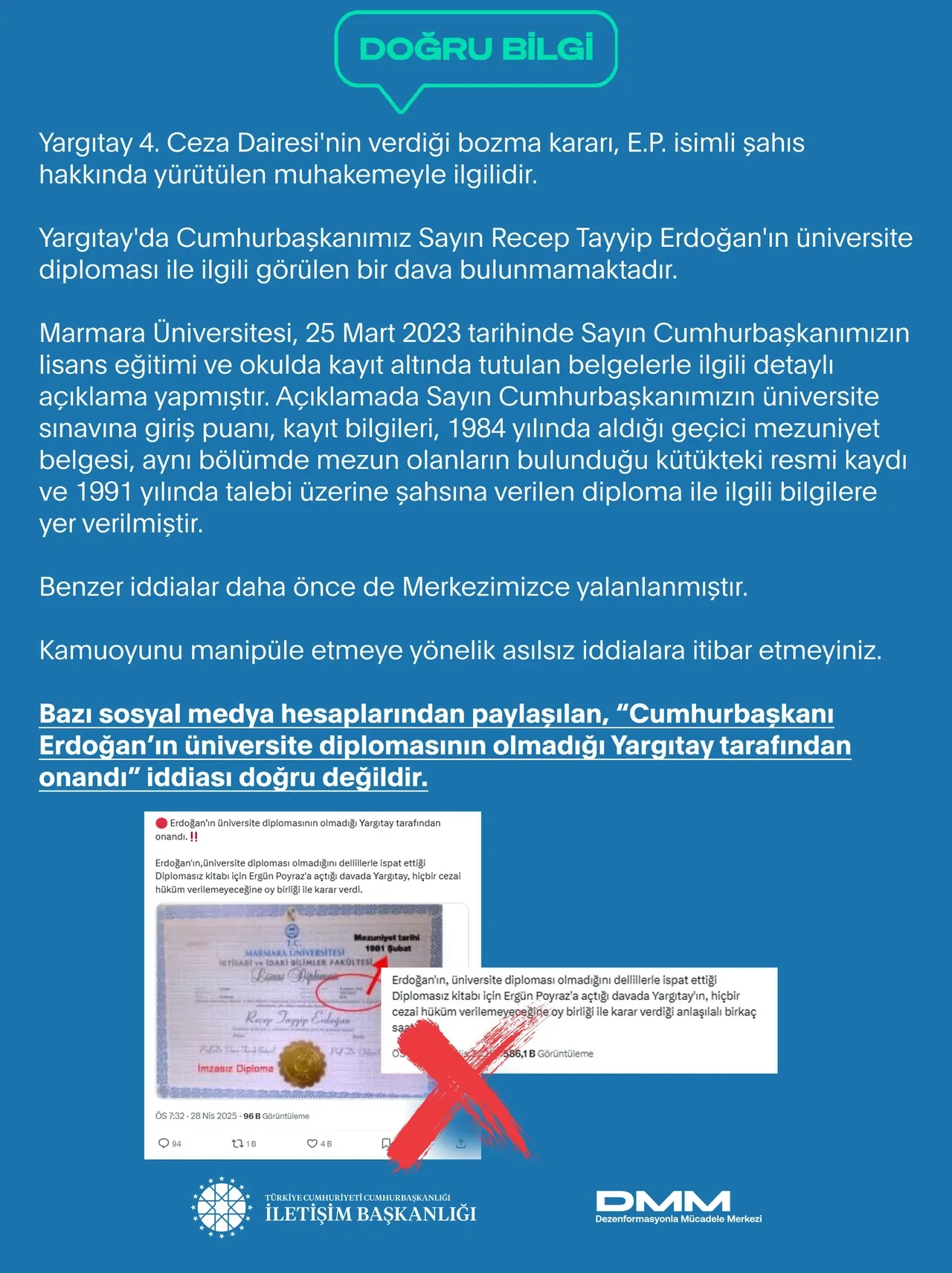 Cumhurbaşkanı Erdoğan'ın diploması olmadığı iddiasına yalanlama! İletişim Başkanlığı tarafından açıklama yapıldı