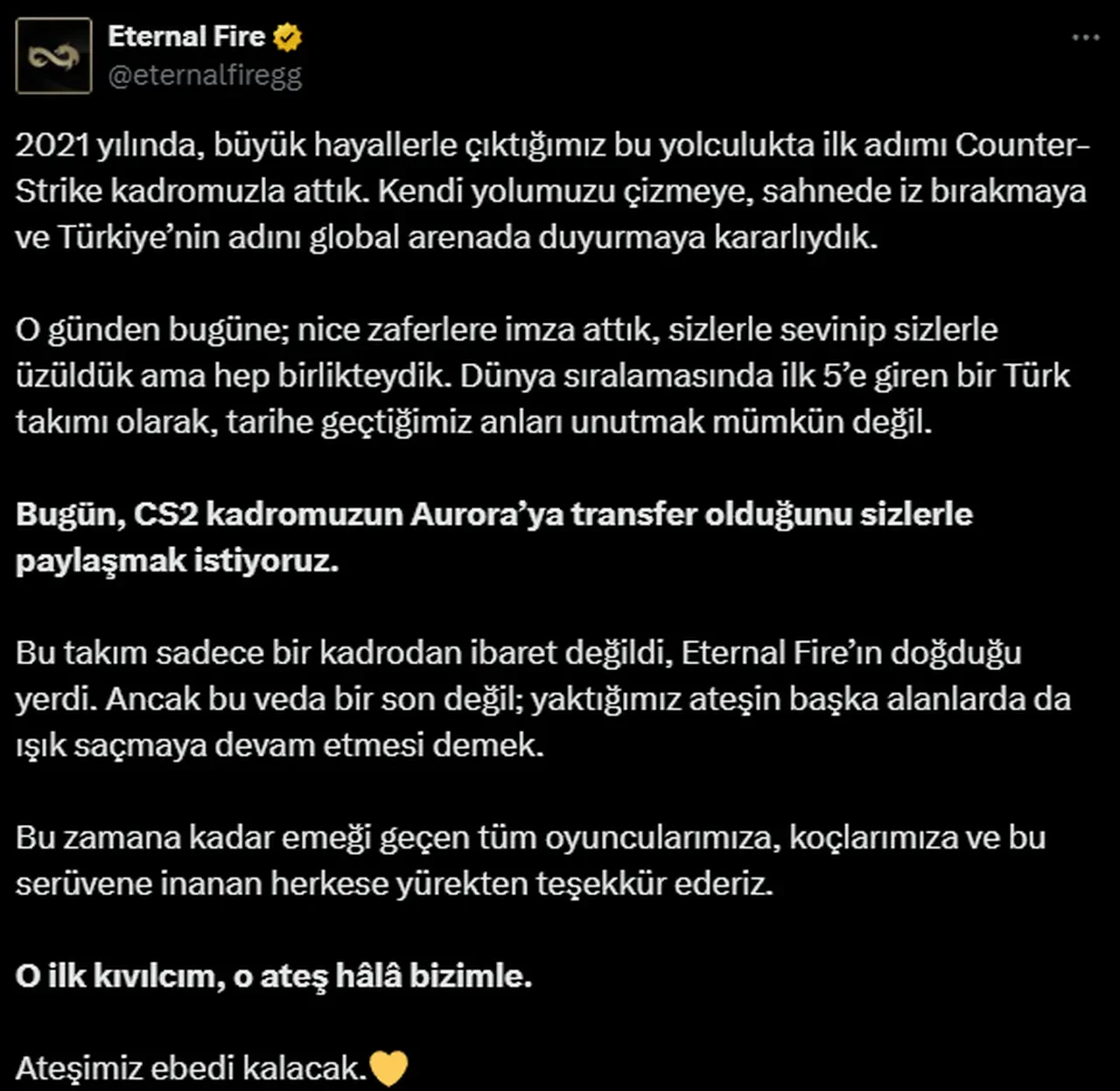 Türk rüya takımı Eternal Fire dağıldı! Kadro Aurora'ya transfer oldu
