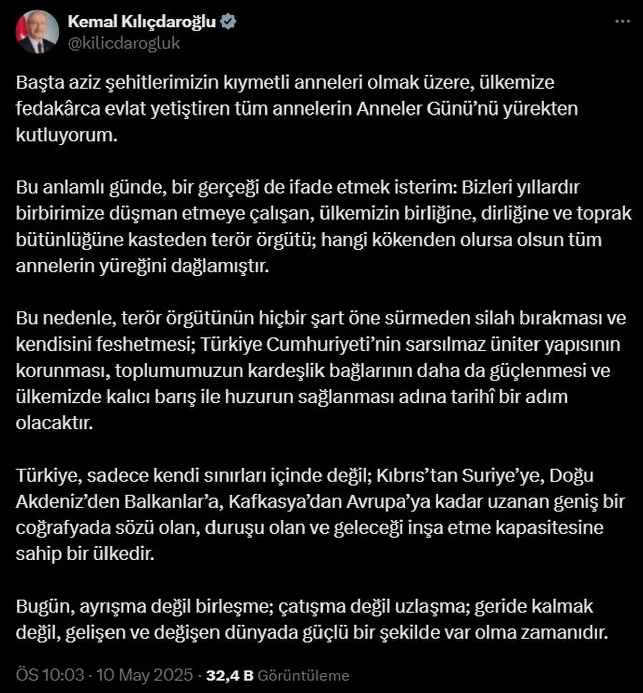 Kemal Kılıçdaroğlu'nun Anneler Günü mesajında Terörsüz Türkiye süreciyle ilgili çok konuşulacak sözler
