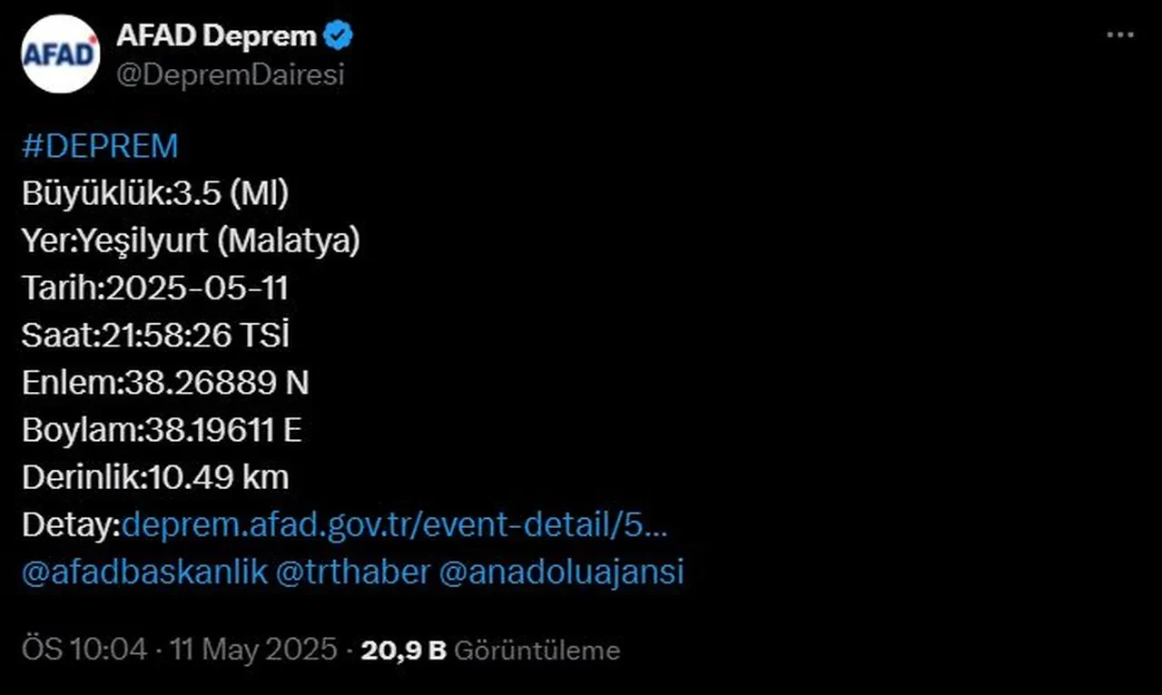 Malatya'da 3.5 büyüklüğünde deprem: AFAD son durumu paylaştı