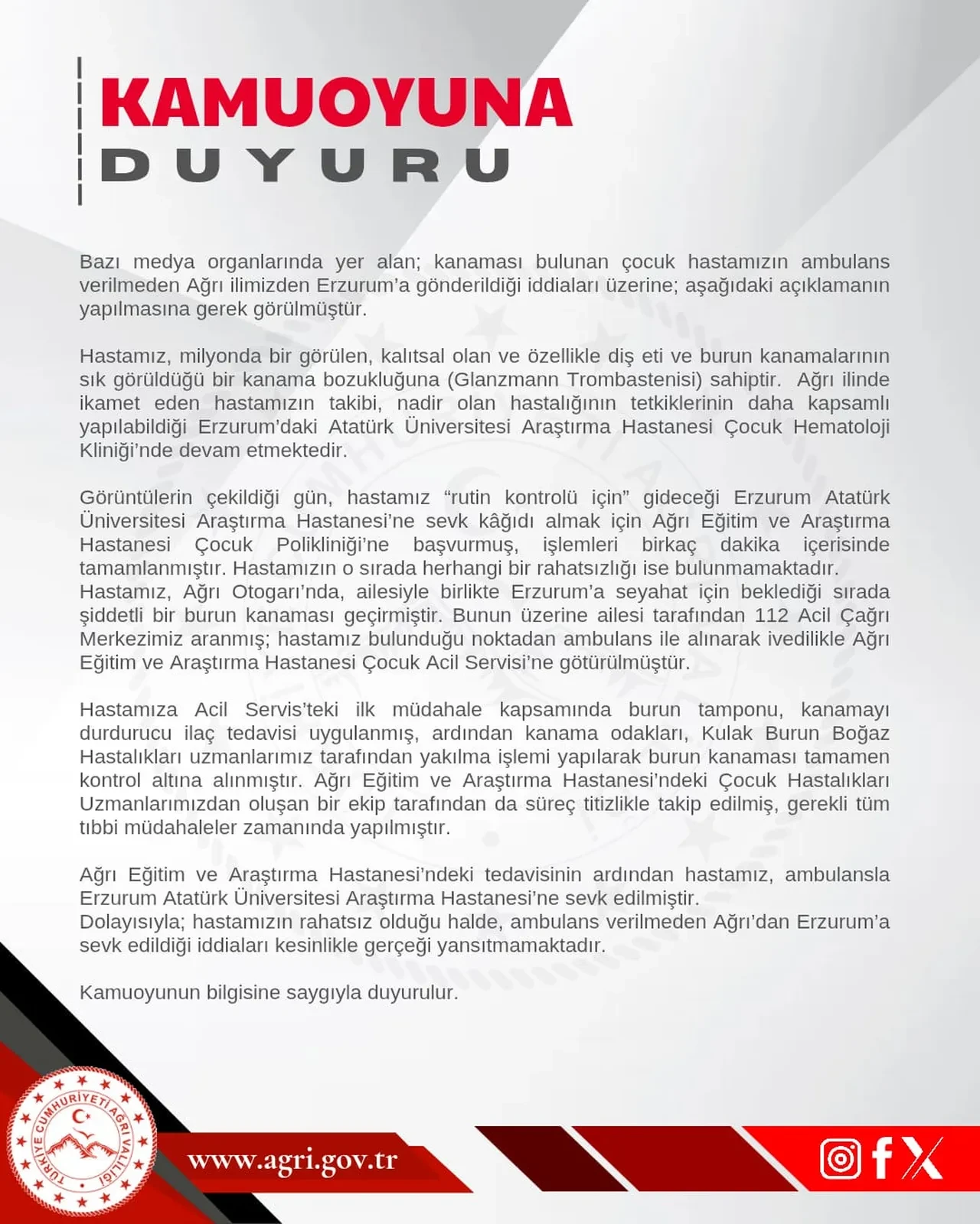 Ağrı Valiliği'nden, 'ambulans verilmedi' iddialarına cevap