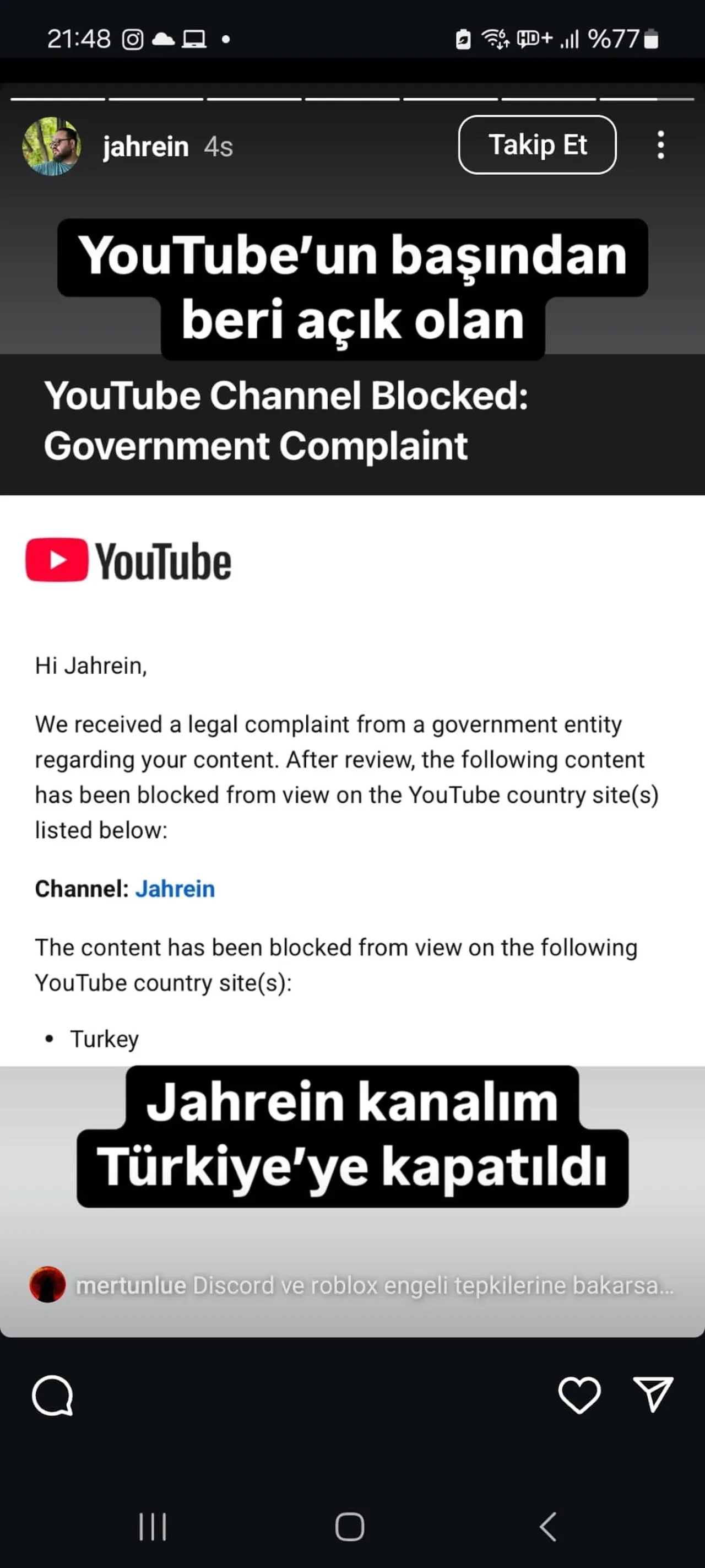 Jahrein'in YouTube kanalına Türkiye'de erişime engeli