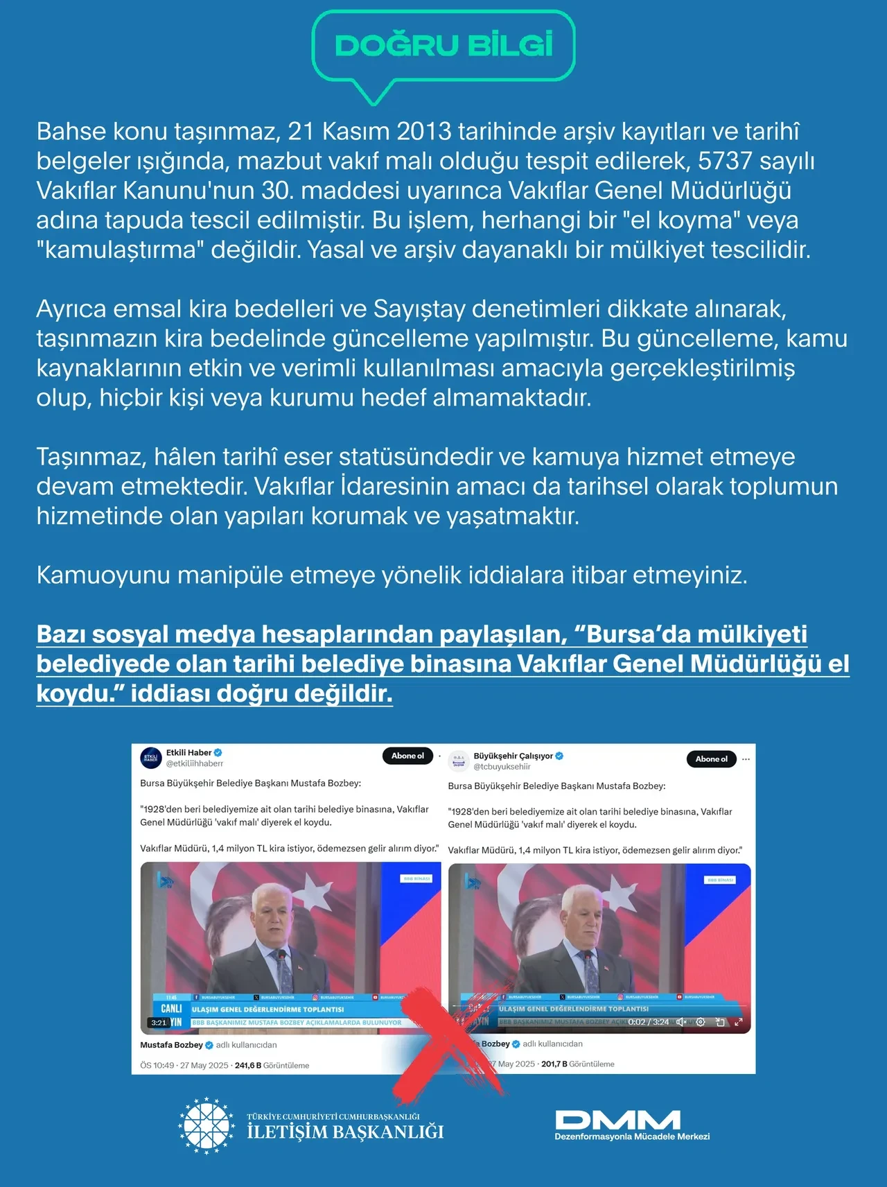 Bursa’da mülkiyeti belediyede olan tarihi belediye binasına Vakıflar Genel Müdürlüğü el koydu iddiası! İletişim Başkanlığı açıklama yaptı