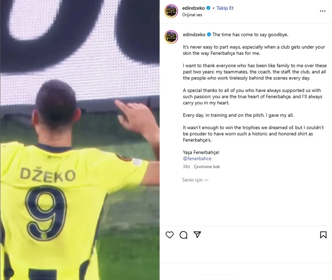 Edin Dzeko, Fenerbahçe'ye veda etti: Duygusal mesaj dikkat çekti!