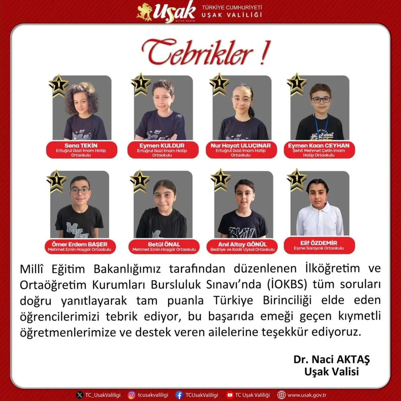 Uşak’ın gururları! 8 öğrenci bursluluk sınavında tam puanla Türkiye birincisi oldu