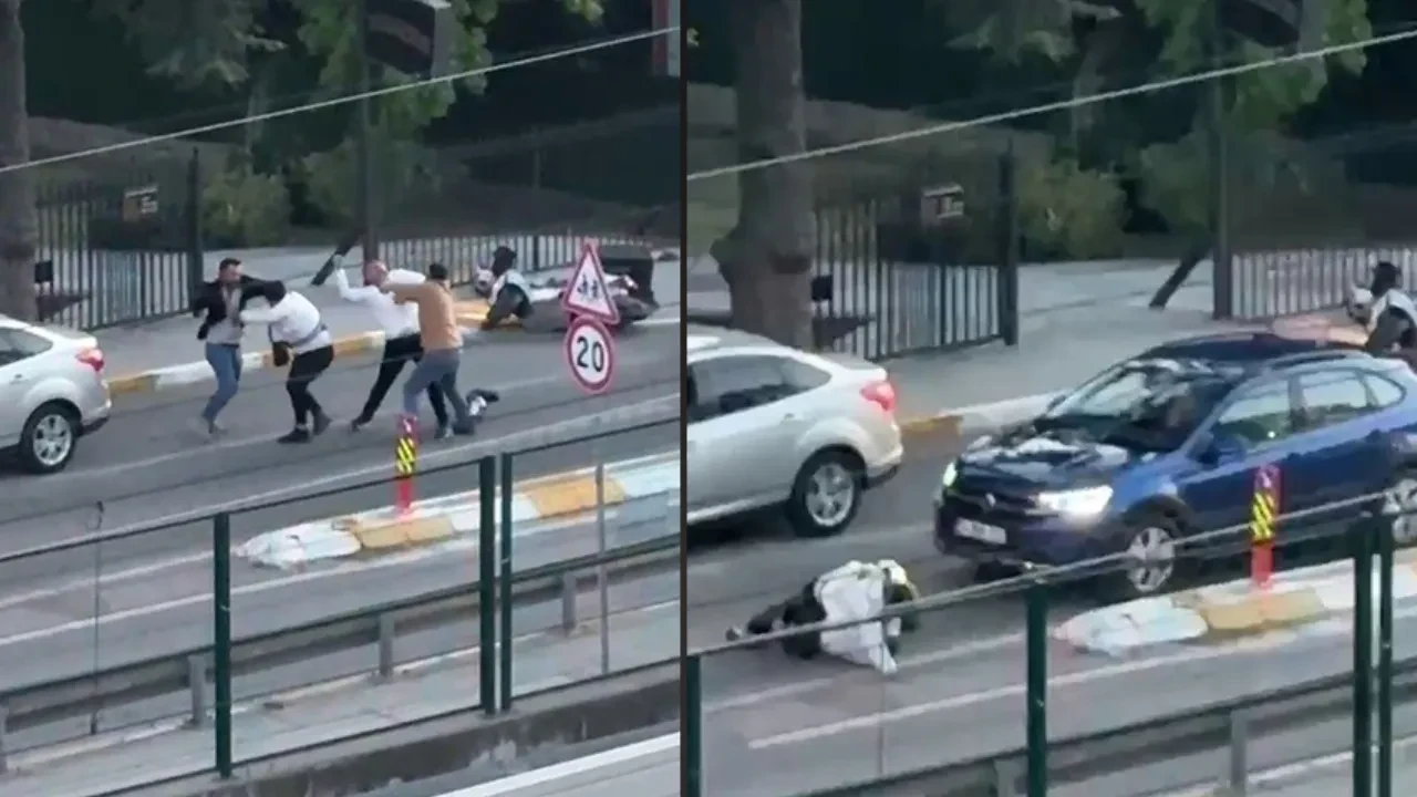 Trafikte dehşet anları! Birbirlerine kask ve bıçakla saldırdılar