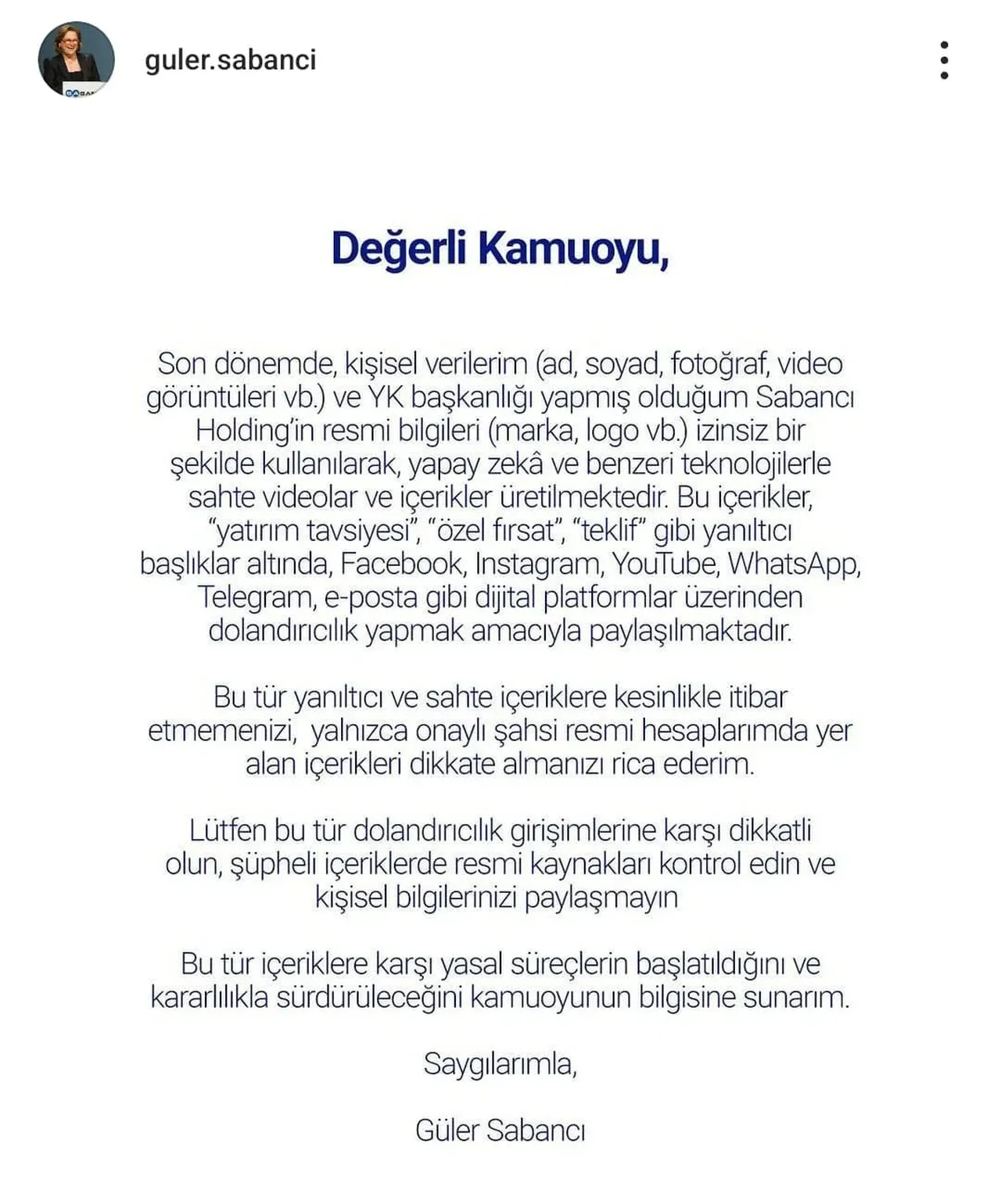 Selçuk Bayraktar'dan sonra bu kez Güler Sabancı uyardı: Yapay zeka ile dolandırıyorlar