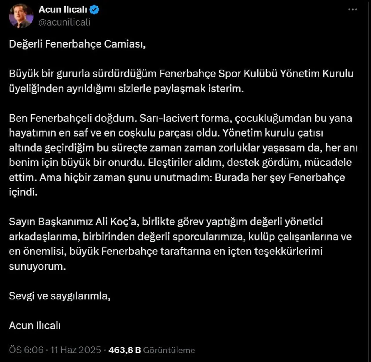 Fenerbahçe Asbaşkanı Acun Ilıcalı istifa etti