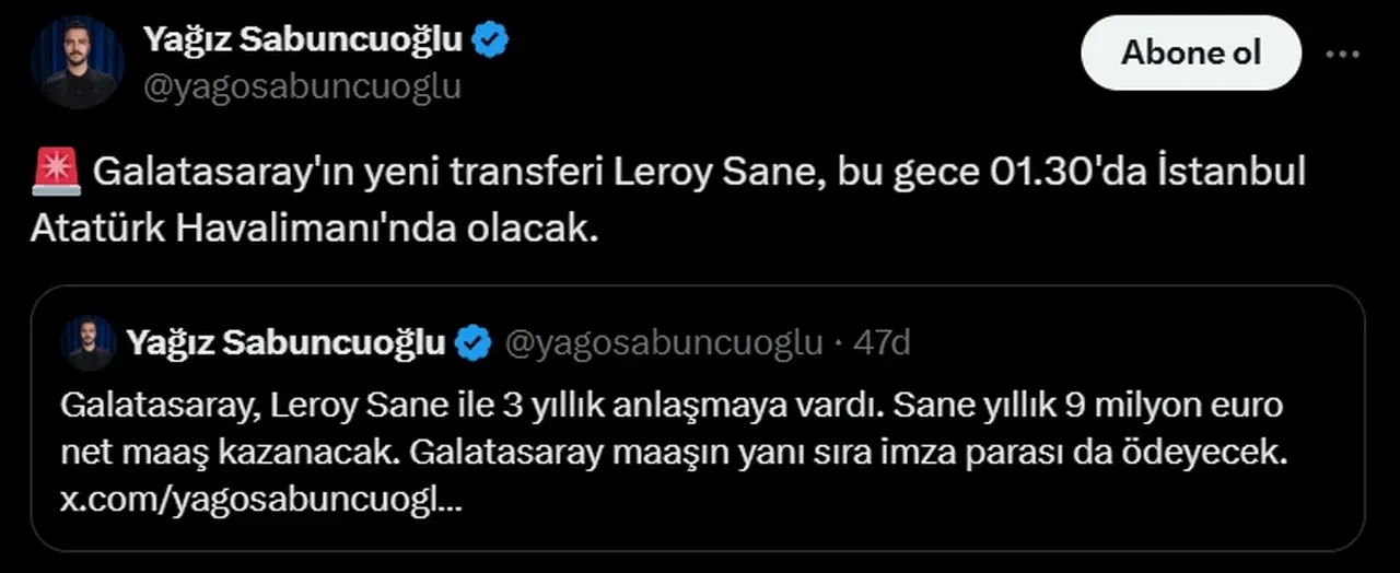 Leroy Sane canlı uçak takip kodu nedir? Bu akşam İstanbul’a geliyor