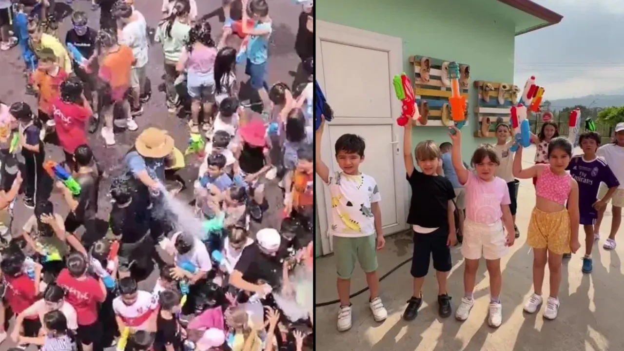 Hatay'da sıcaktan bunalan öğrenciler su savaşıyla serilendi