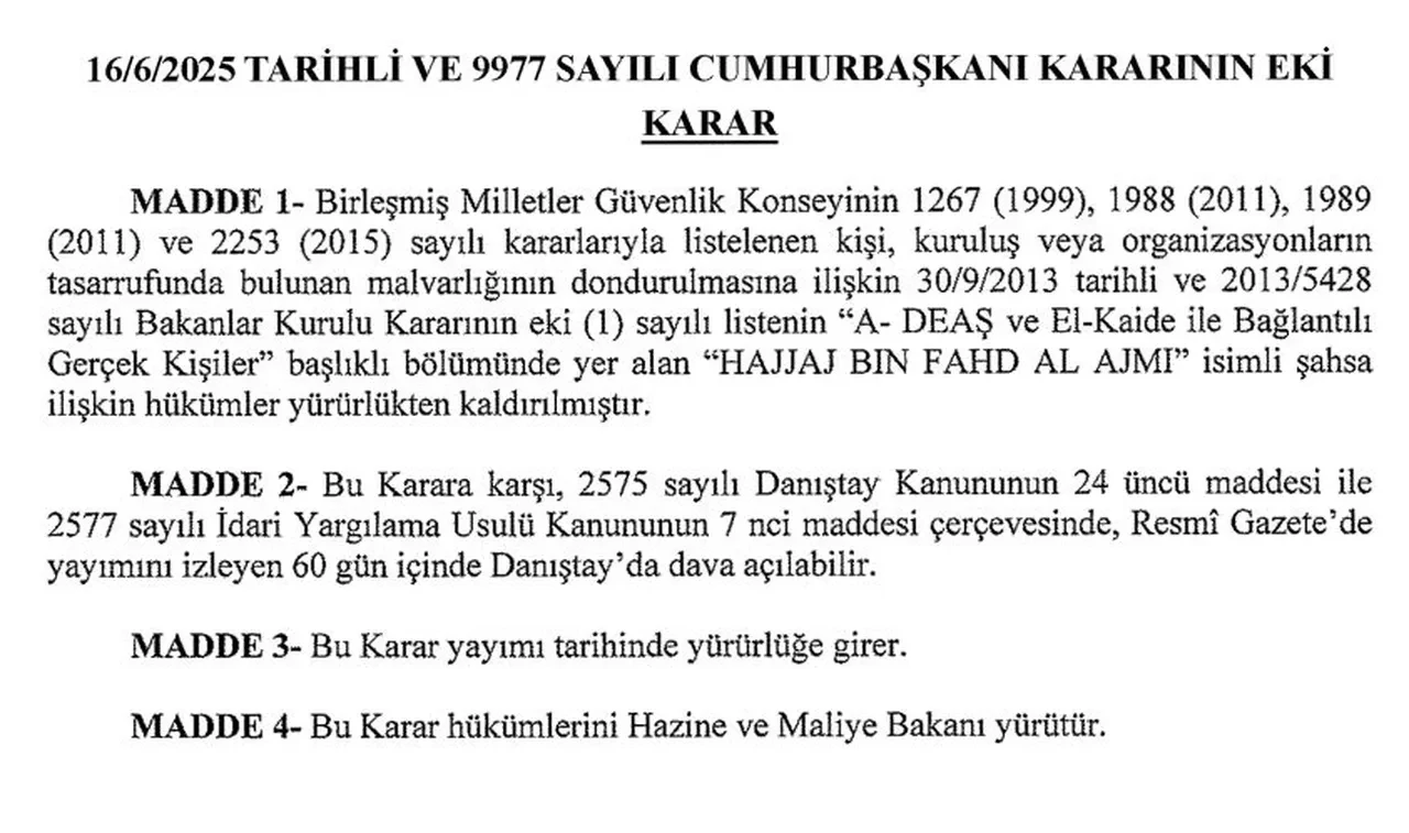 Mal varlığı dondurulan Hajjaj Bin Fahd Al Ajmi ile ilgili yeni gelişme Resmi Gazete'de