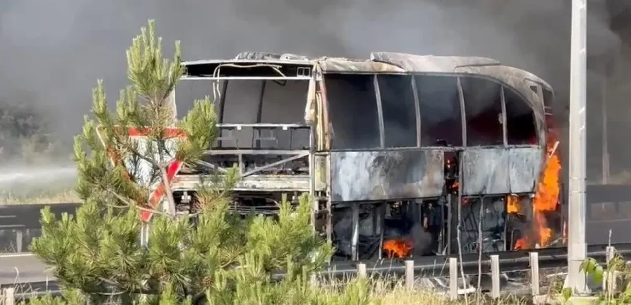 İstanbul yolunda trafik durdu: Yolcu otobüsü alev alev yandı