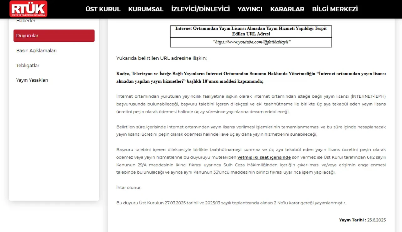 RTÜK’ten Fatih Altaylı’nın YouTube kanalına lisans uyarısı