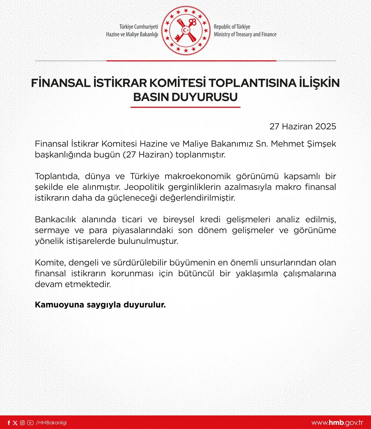 Finansal İstikrar Komitesi toplandı