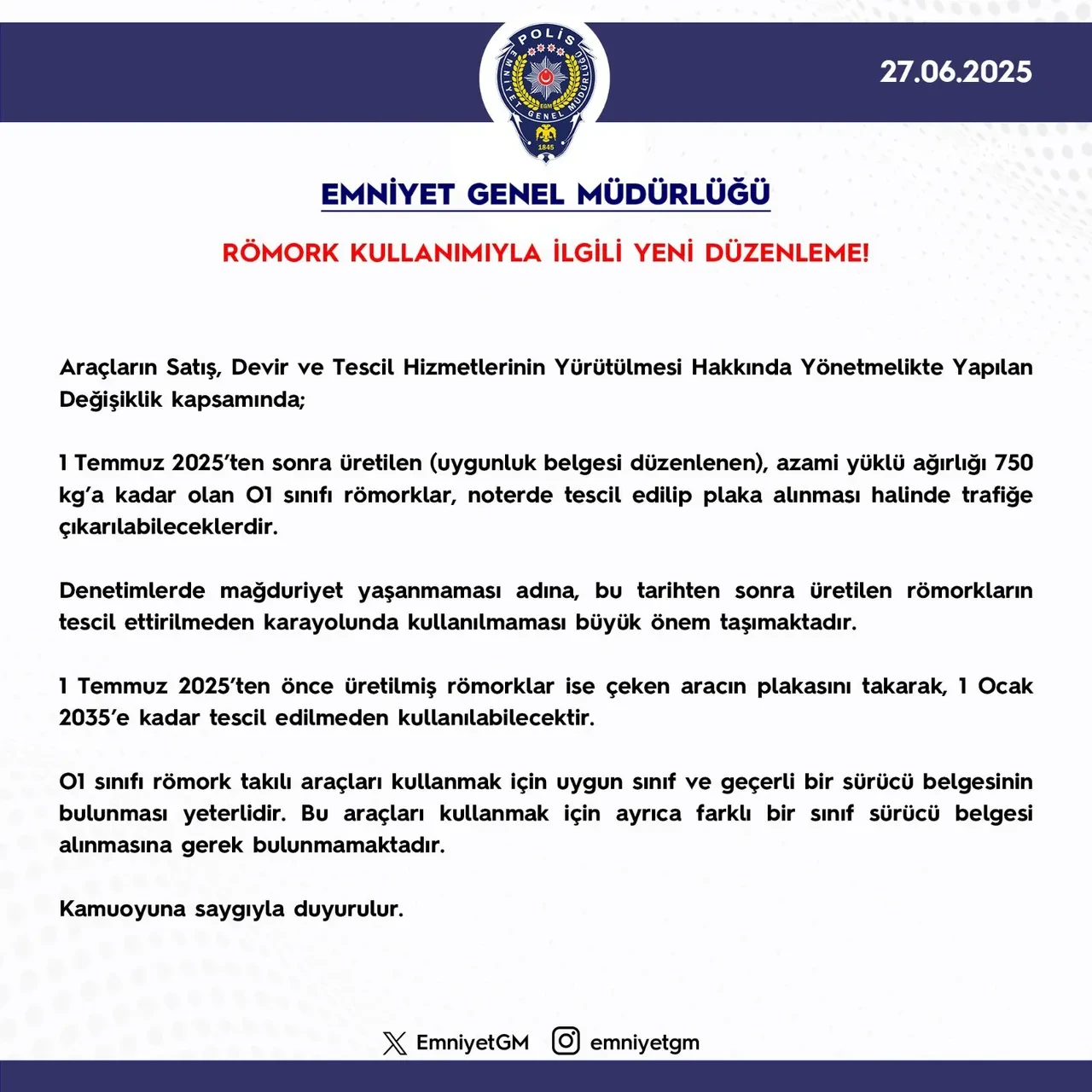 Römork sahipleri dikkat! EGM paylaştı: 1 Temmuz'dan itibaren zorunlu olacak