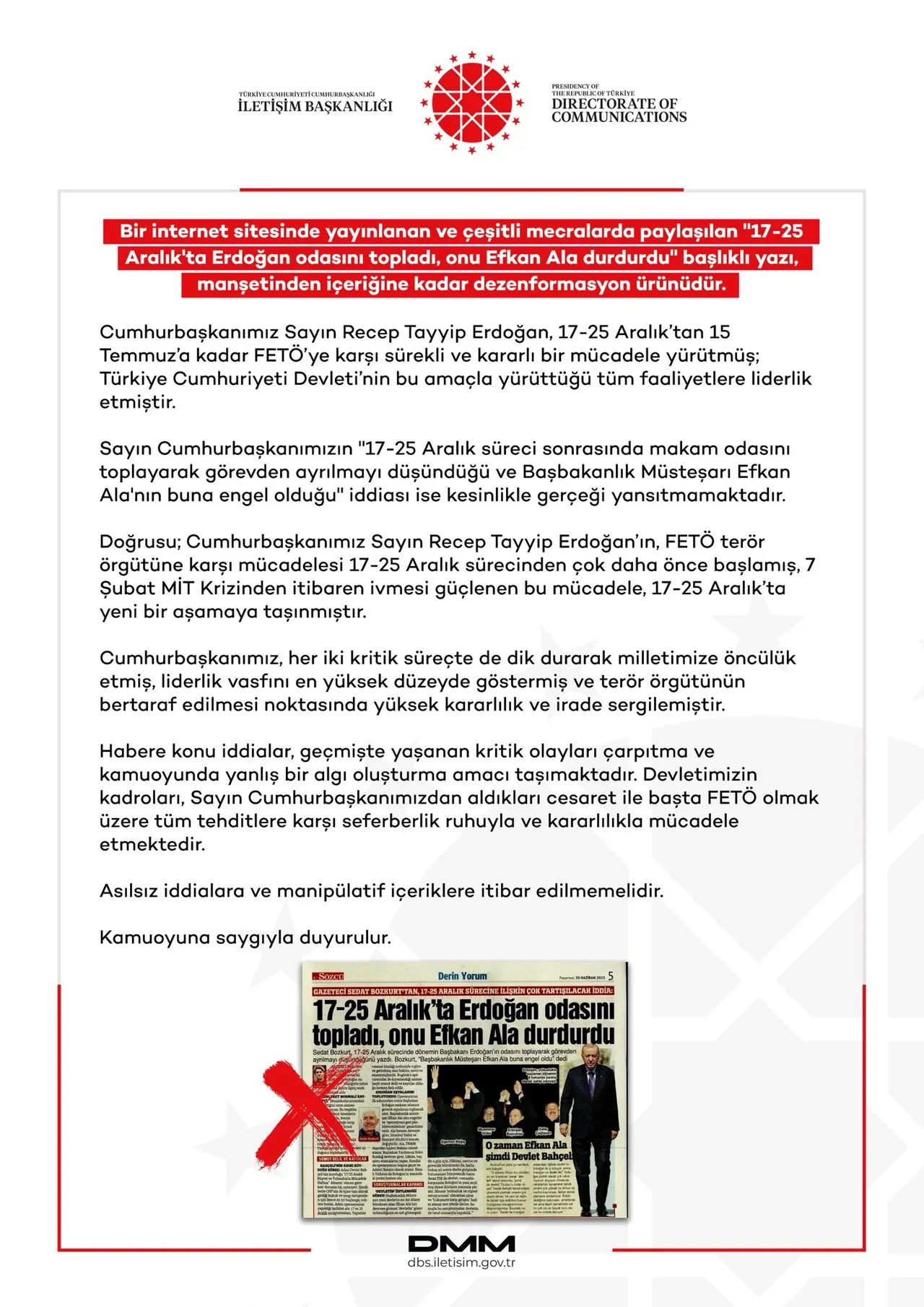 DMM’den ‘17-25 Aralık’ta Erdoğan odasını topladı, onu Efkan Ala durdurdu’ iddialarına yalanlama