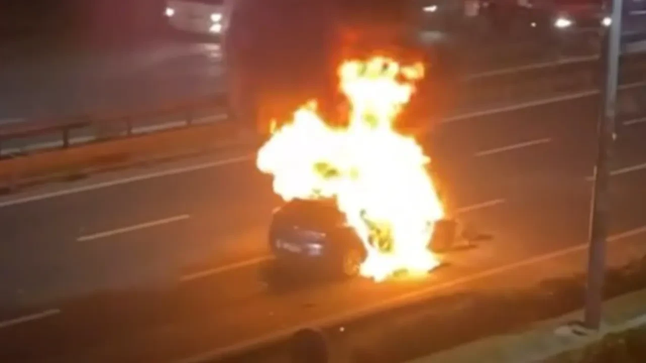 Bariyerlere çarpan otomobil alev topuna döndü