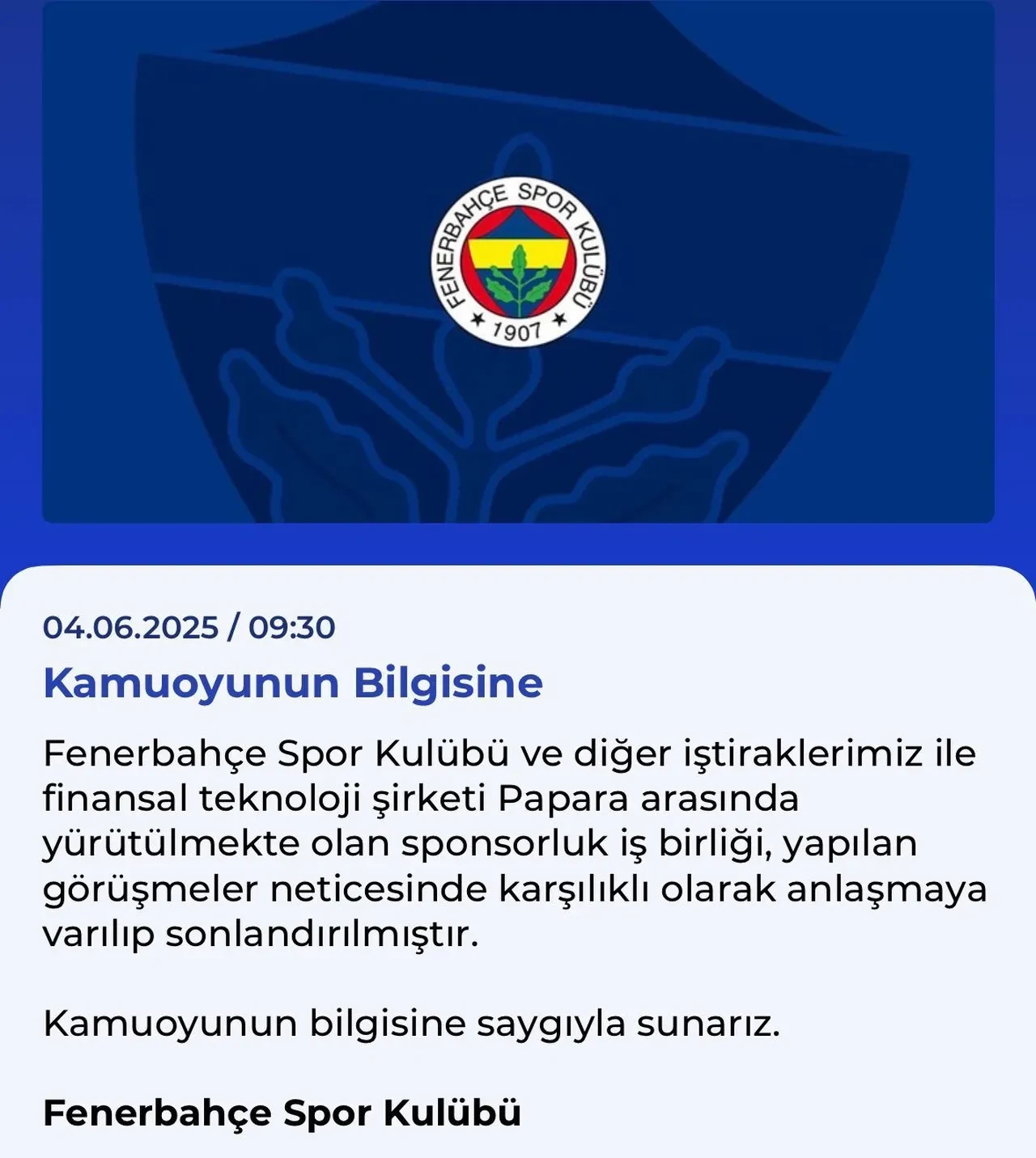 Fenerbahçe'den Papara açıklaması! İş birliği sonlandırıldı