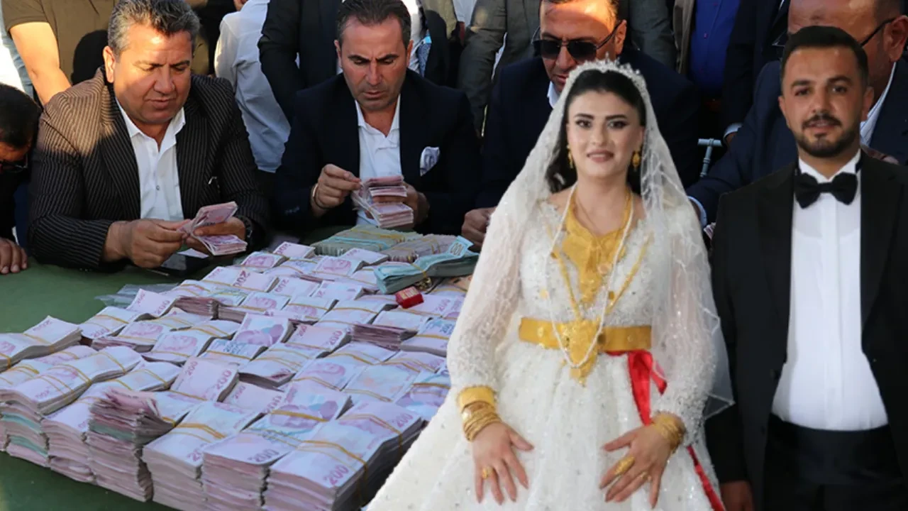 Gelin ve damada takılanlar dudak uçuklattı! Kilolarca altın, deste deste para...