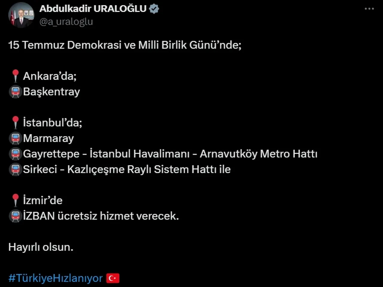 15 Temmuz’da Marmaray, Başkentray, İZBAN ücretsiz mi? Açıklama geldi
