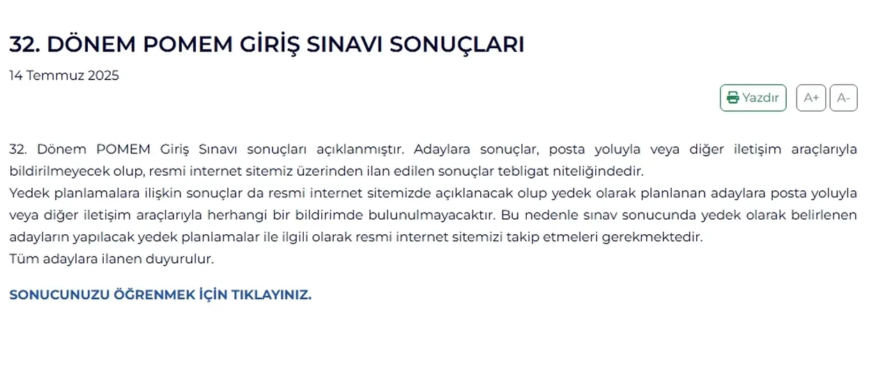 32. dönem POMEM giriş sınavı sonuçları açıklandı mı?