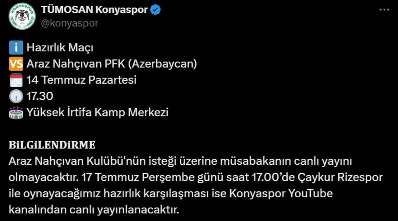 Konyaspor Araz Nahçıvan CANLI hangi kanalda? Konyaspor ilk hazırlık maçına çıkıyor