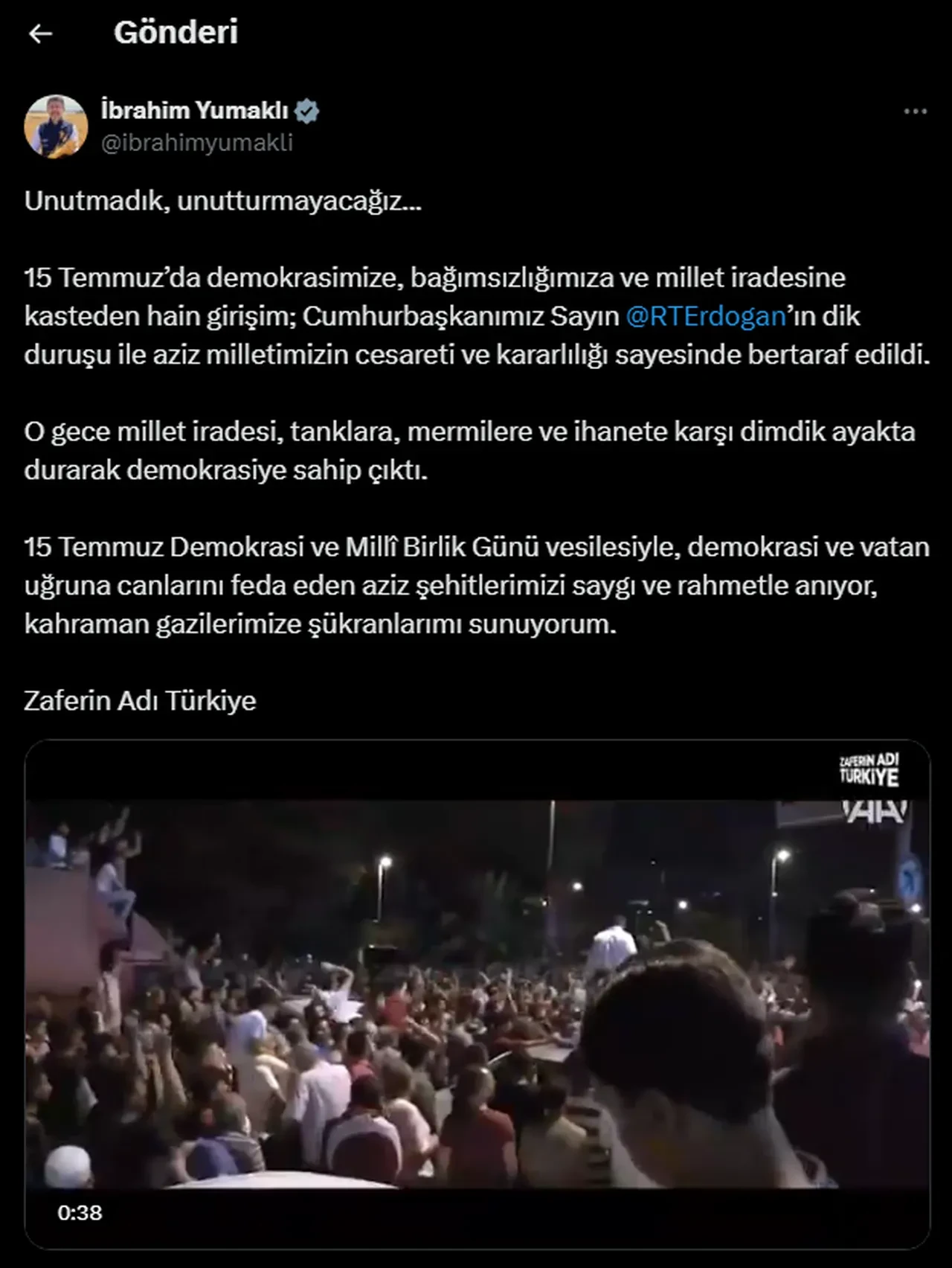 Ekonomi yönetiminden "15 Temmuz Demokrasi ve Milli Birlik Günü" mesajı
