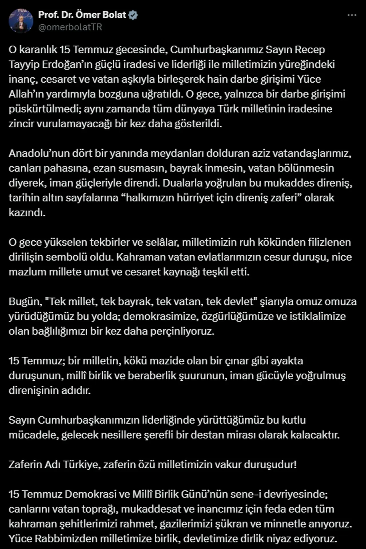 Ekonomi yönetiminden "15 Temmuz Demokrasi ve Milli Birlik Günü" mesajı