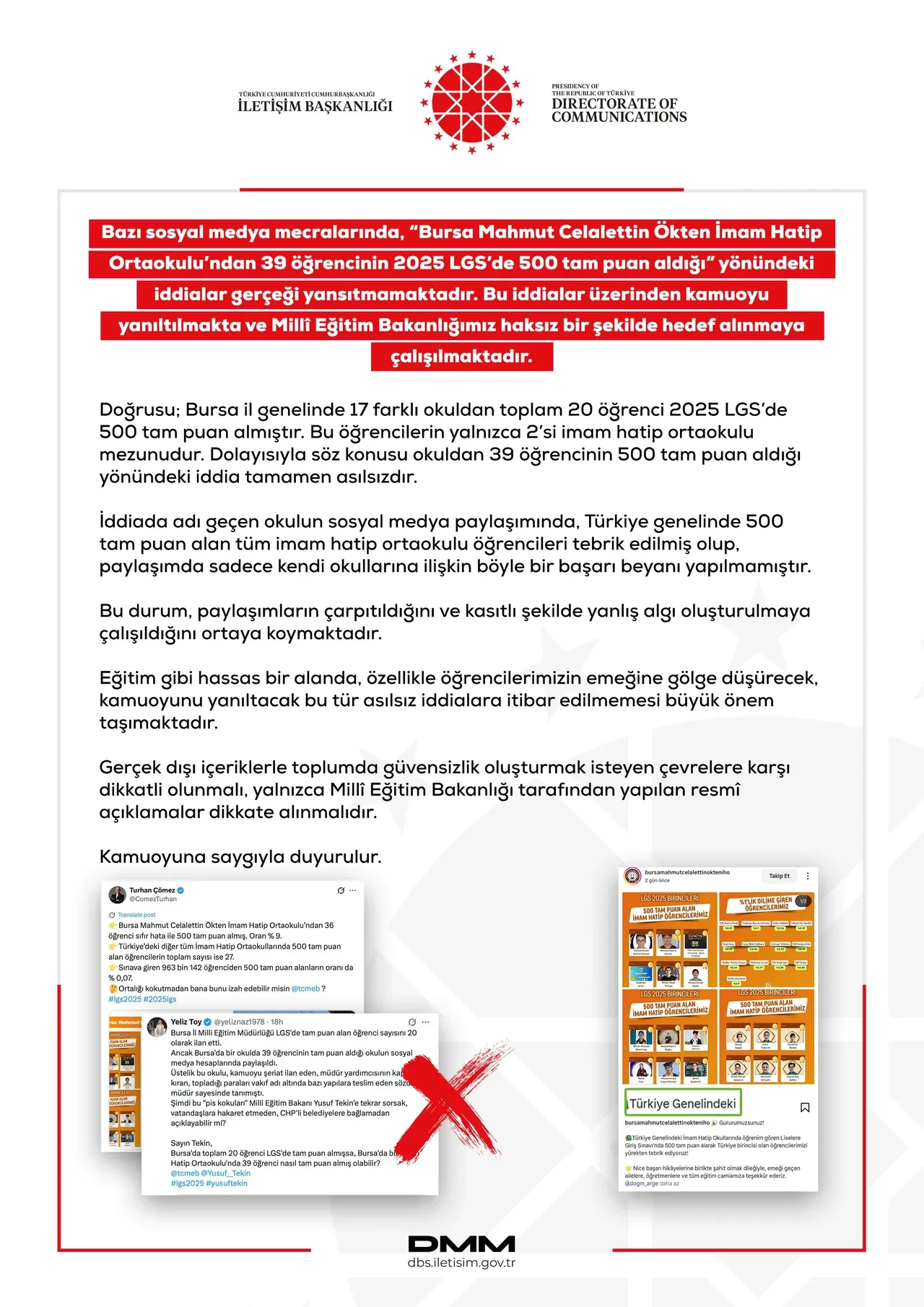 Bursa'da bir okulda 39 öğrenci LGS’de tam puan aldı iddiası! DMM'den açıklama geldi