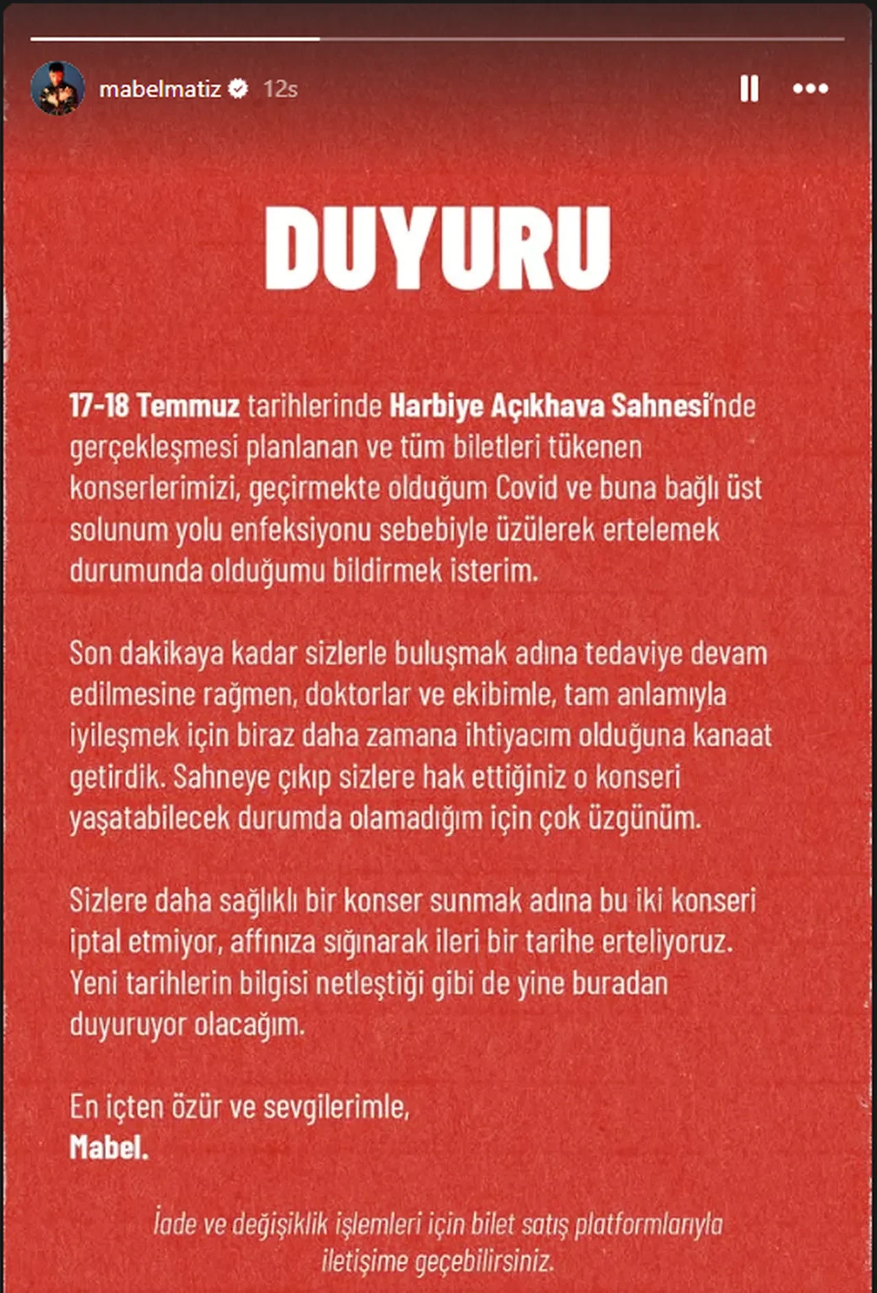 Mabel Matiz konserini bekleyenler için üzücü haber! Mabel Matiz sosyal medyadan duyurdu