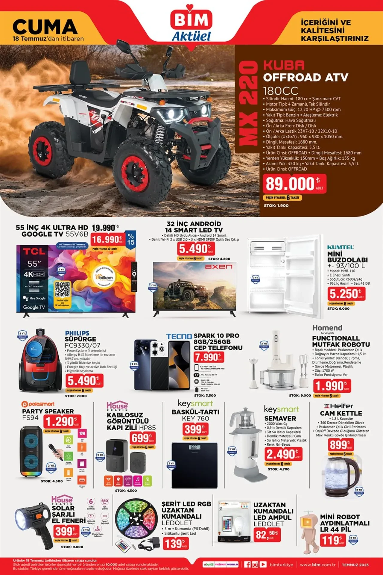 BİM aktüel ürünler kataloğu: 18 Temmuz'da ATV, Buzdolabı, LED ampül, Semaver ve Cam Kettle raflarda! İndirimli ürünlerde yok yok