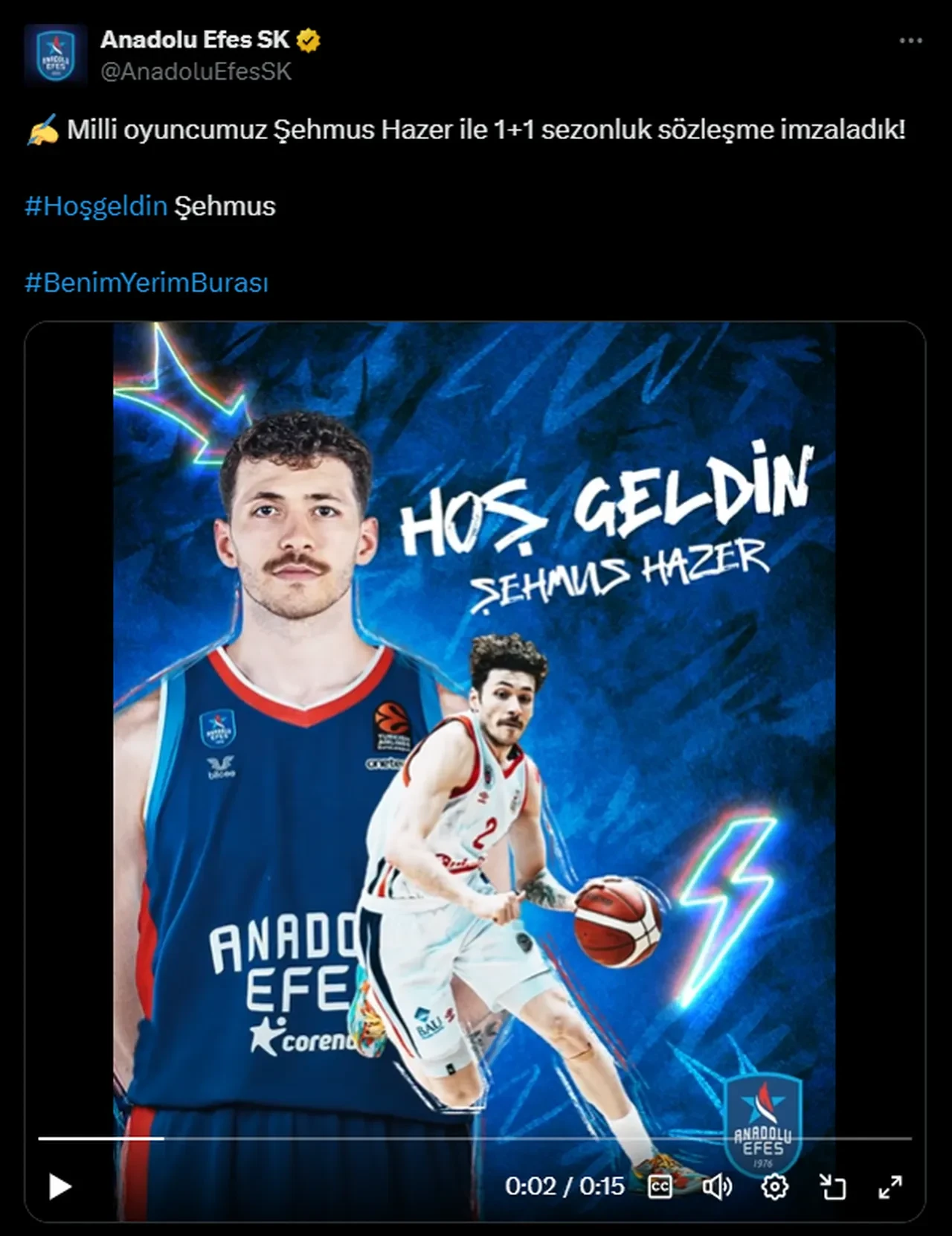 Anadolu Efes yeni transferini duyurdu: Şehmus Hazer’i kadrosuna kattı