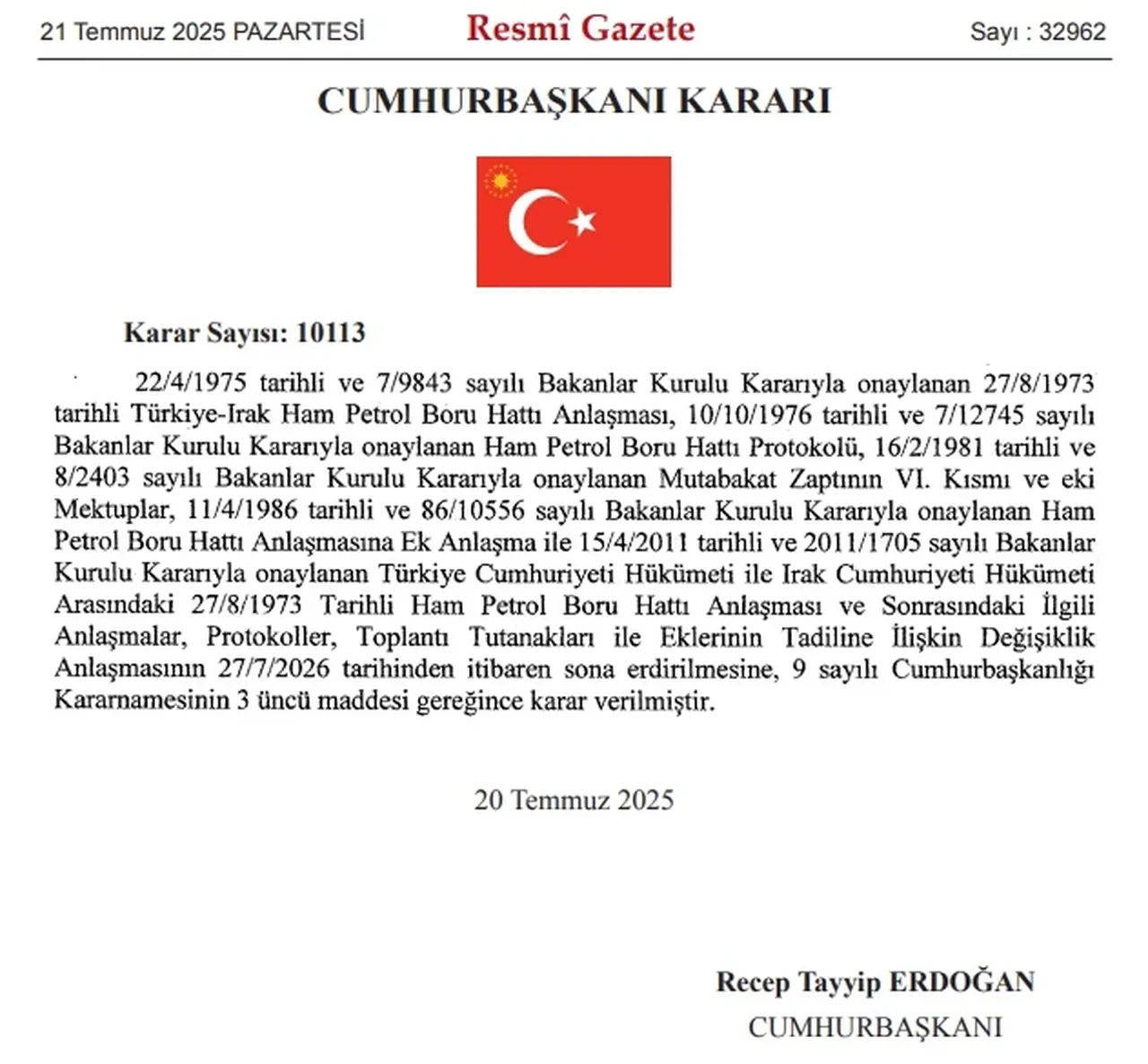 Resmi Gazete'de yayımlandı! Türkiye-Irak arasındaki petrol anlaşması sona eriyor