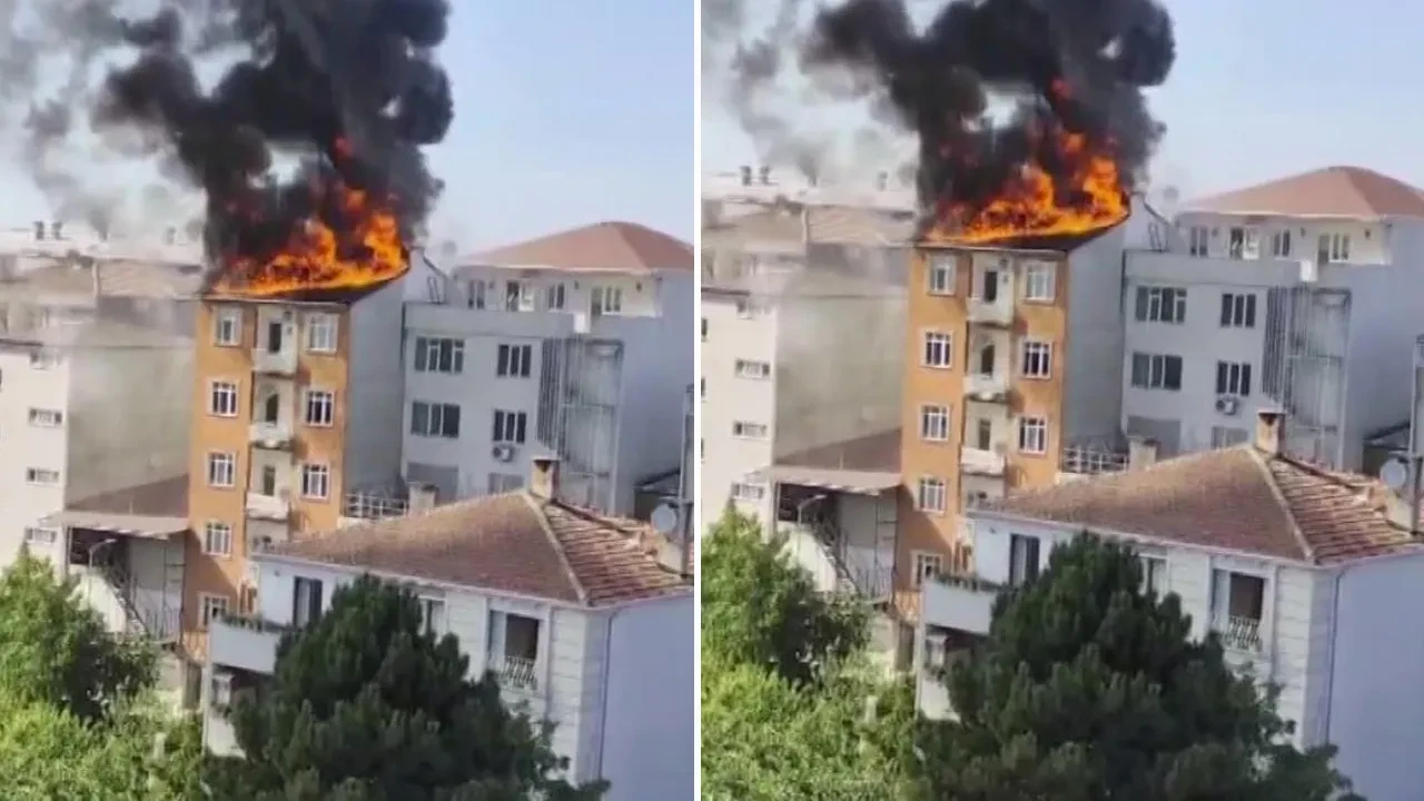 Sultanbeyli'de 5 katlı binada büyük panik! Çatısı alev alev yandı