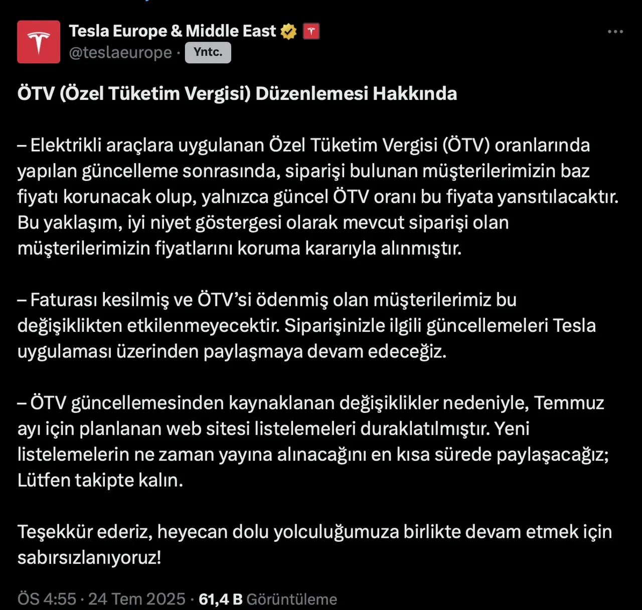 ÖTV düzenlemesi sonrası Tesla Türkiye'den yüreklere su serpen açıklama