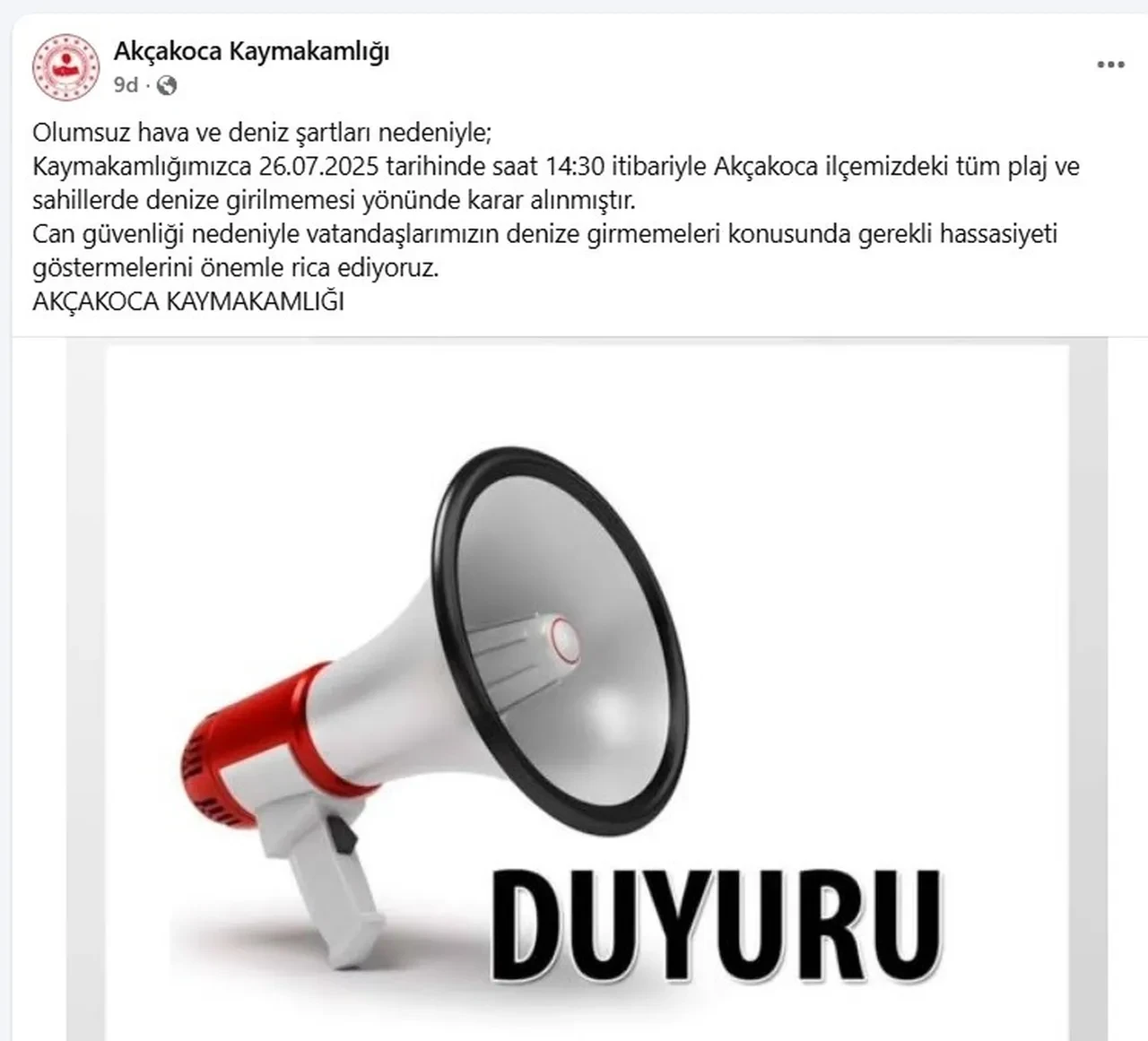 Düzce'de denize girme yasağı