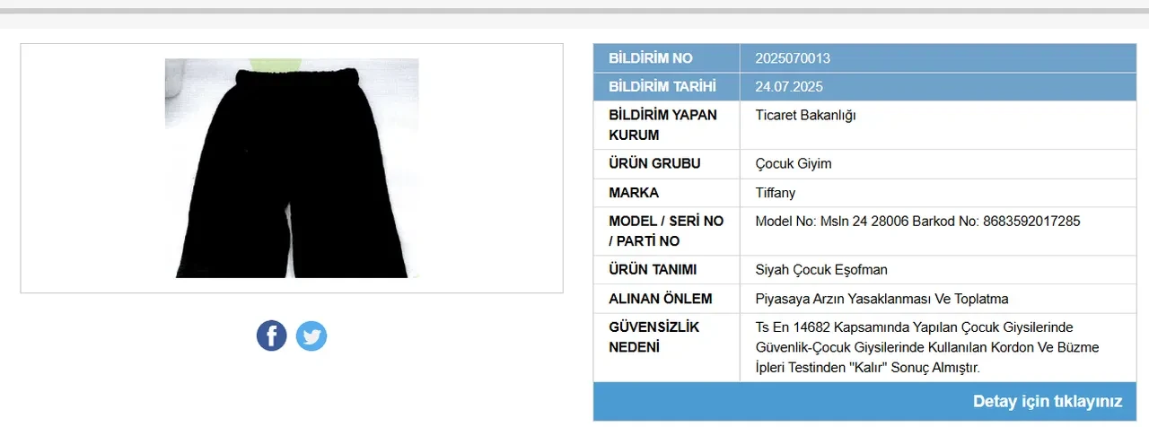Sakın satın almayın! Bakanlık, çocuk giyim ürününün toplatılmasına karar verdi!