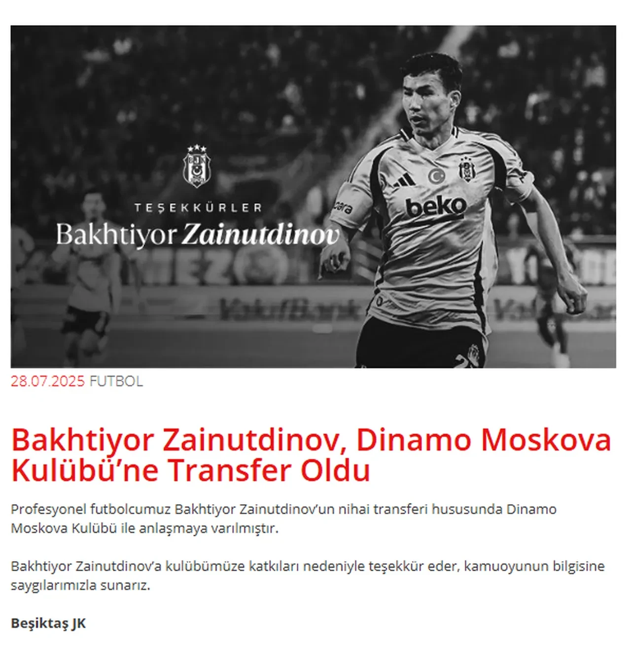 Beşiktaş, Bakhtiyor Zainutdinov ile yollarını ayırdı!