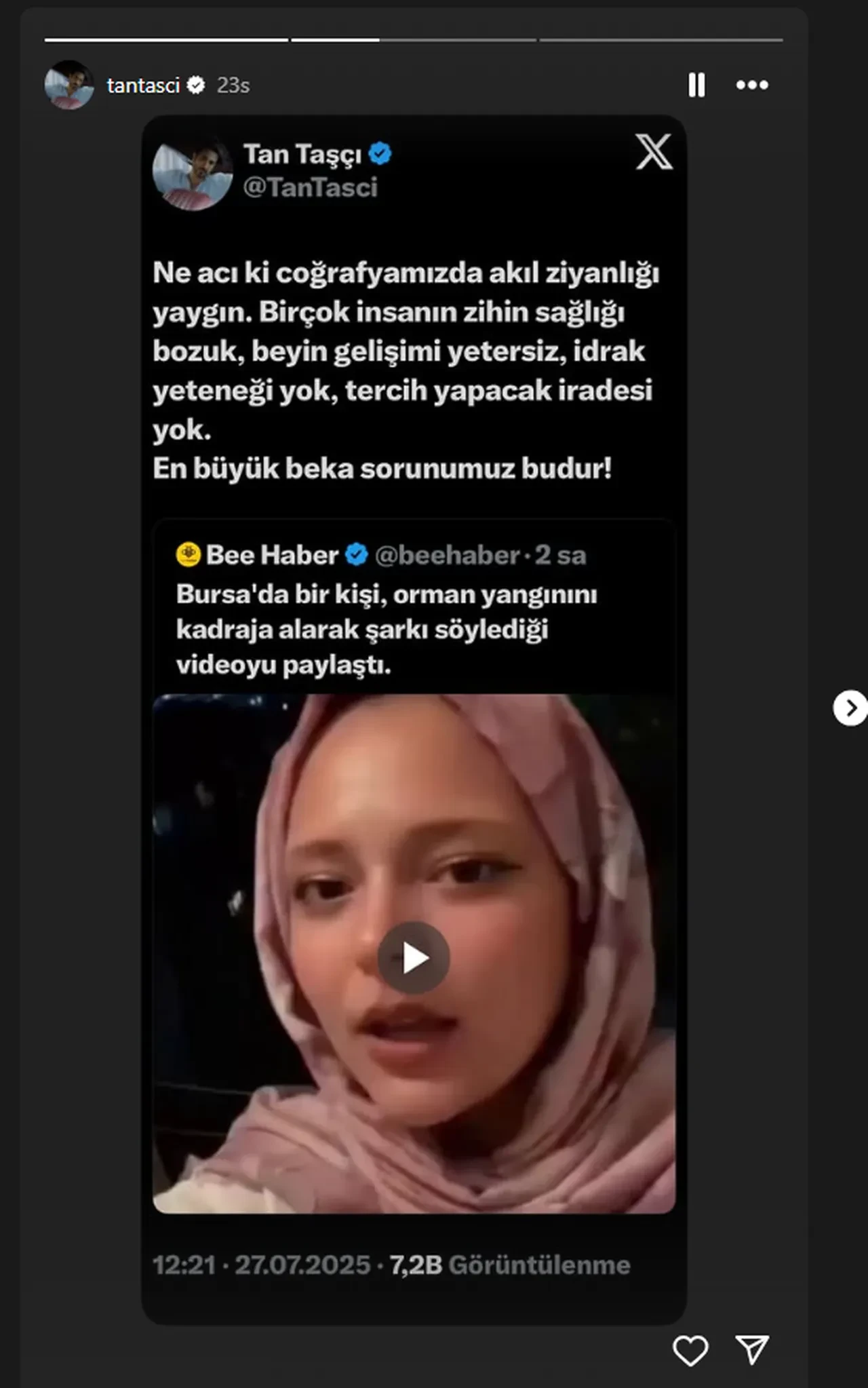 Tan Taşçı, Bursa'daki orman yangınını arkasına alarak video çeken kullanıcıya tepkisiz kalamadı